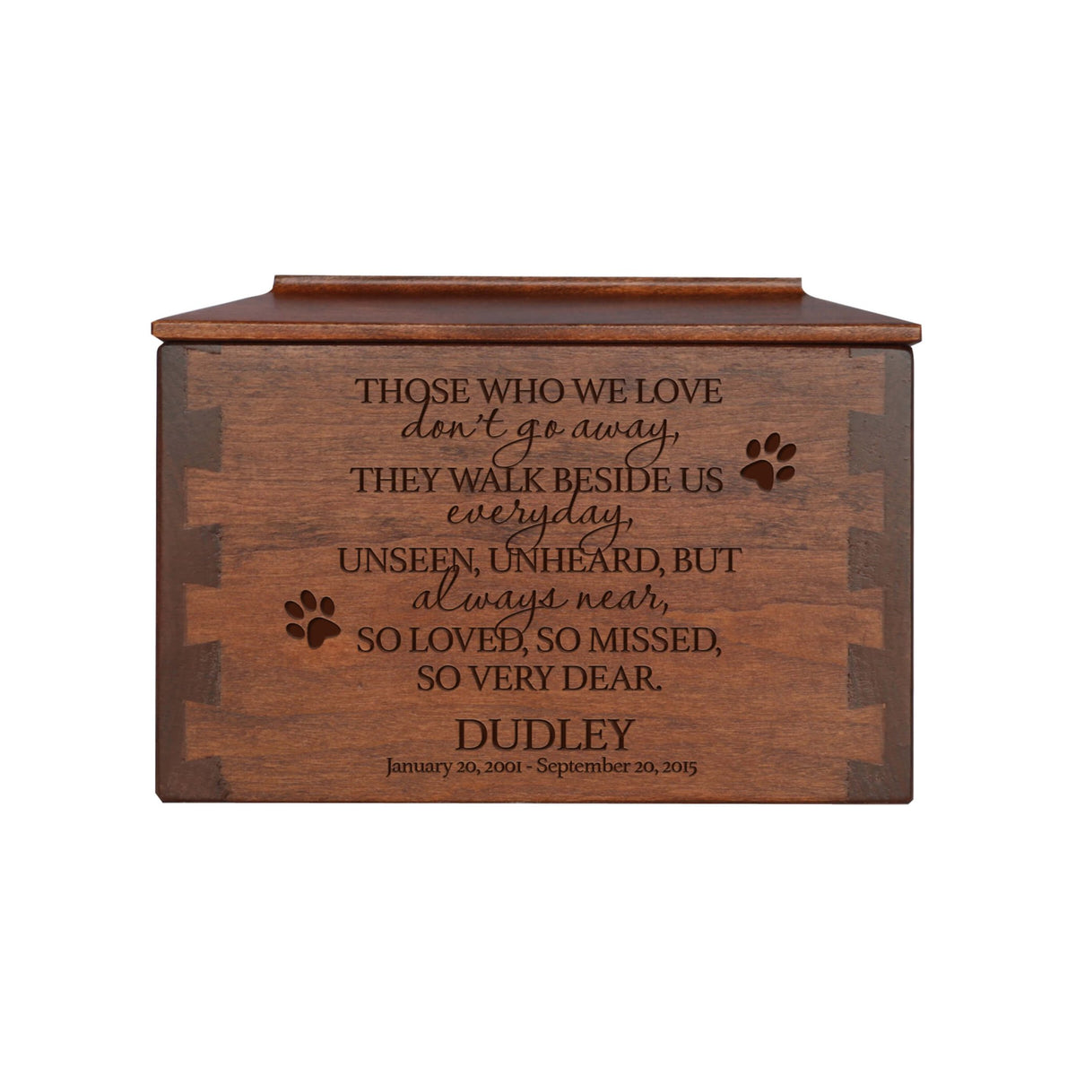 Pet Memorial Dovetail Cremation Urn Box for Dog or Cat - Those Who We Love Don't Go Away - LifeSong Milestones