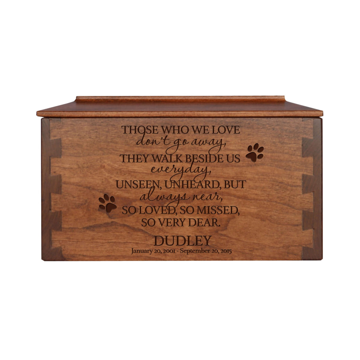 Pet Memorial Dovetail Cremation Urn Box for Dog or Cat - Those Who We Love Don't Go Away - LifeSong Milestones