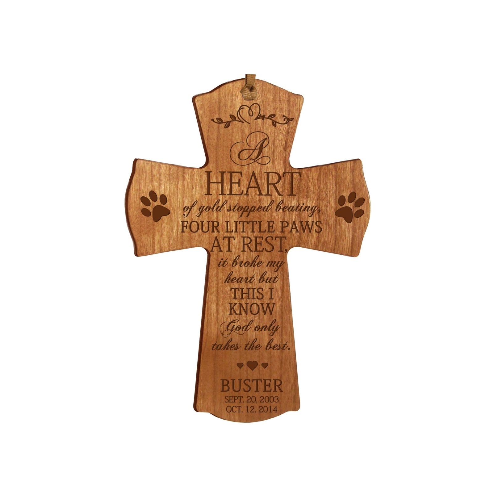 Pet Memorial Engraved Cross Ornament - A Heart of Gold - LifeSong Milestones