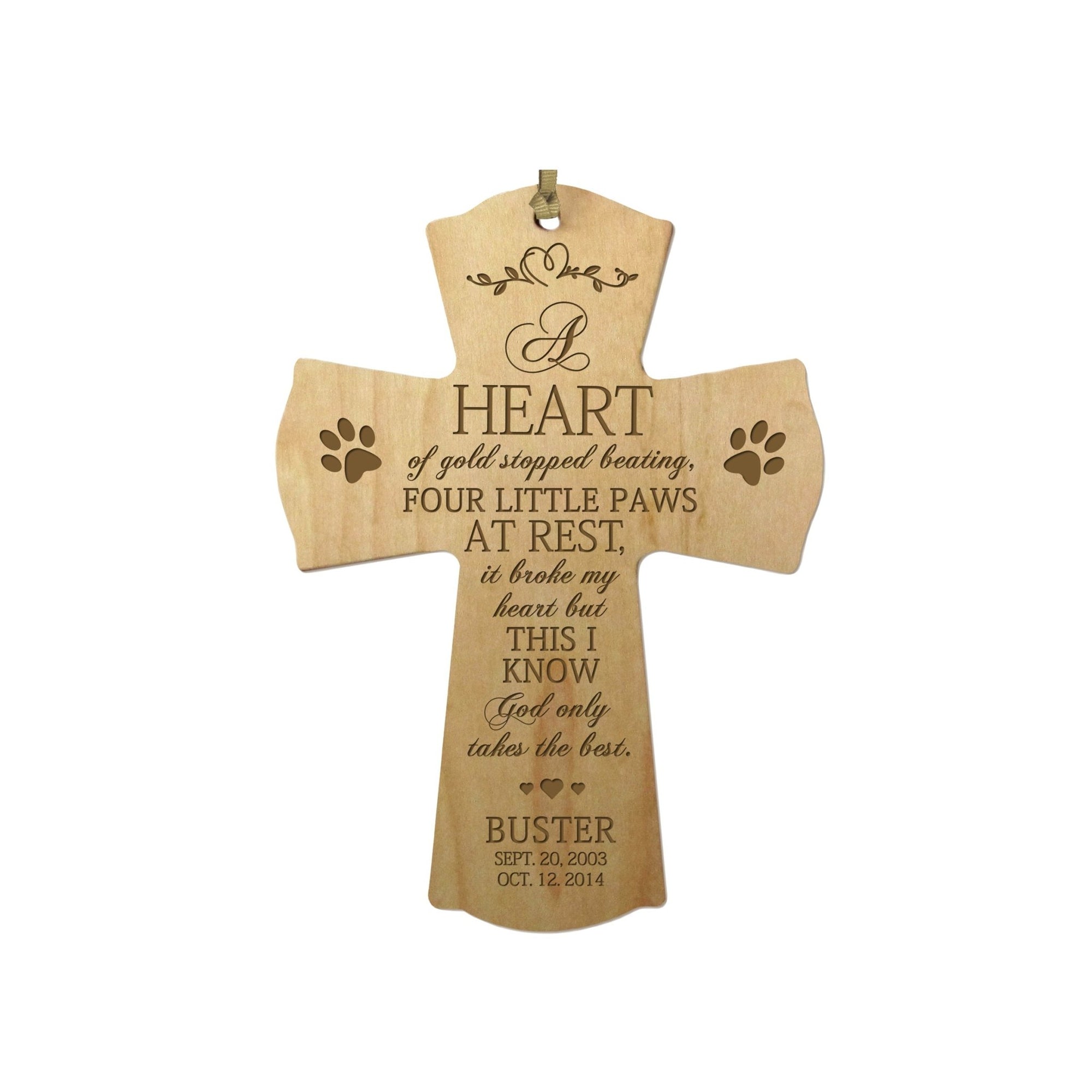 Pet Memorial Engraved Cross Ornament - A Heart of Gold - LifeSong Milestones