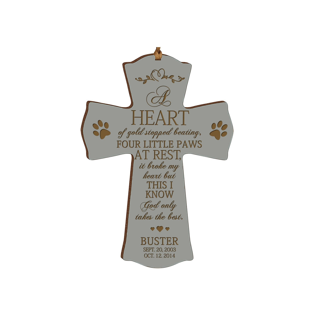 Pet Memorial Engraved Cross Ornament - A Heart of Gold - LifeSong Milestones