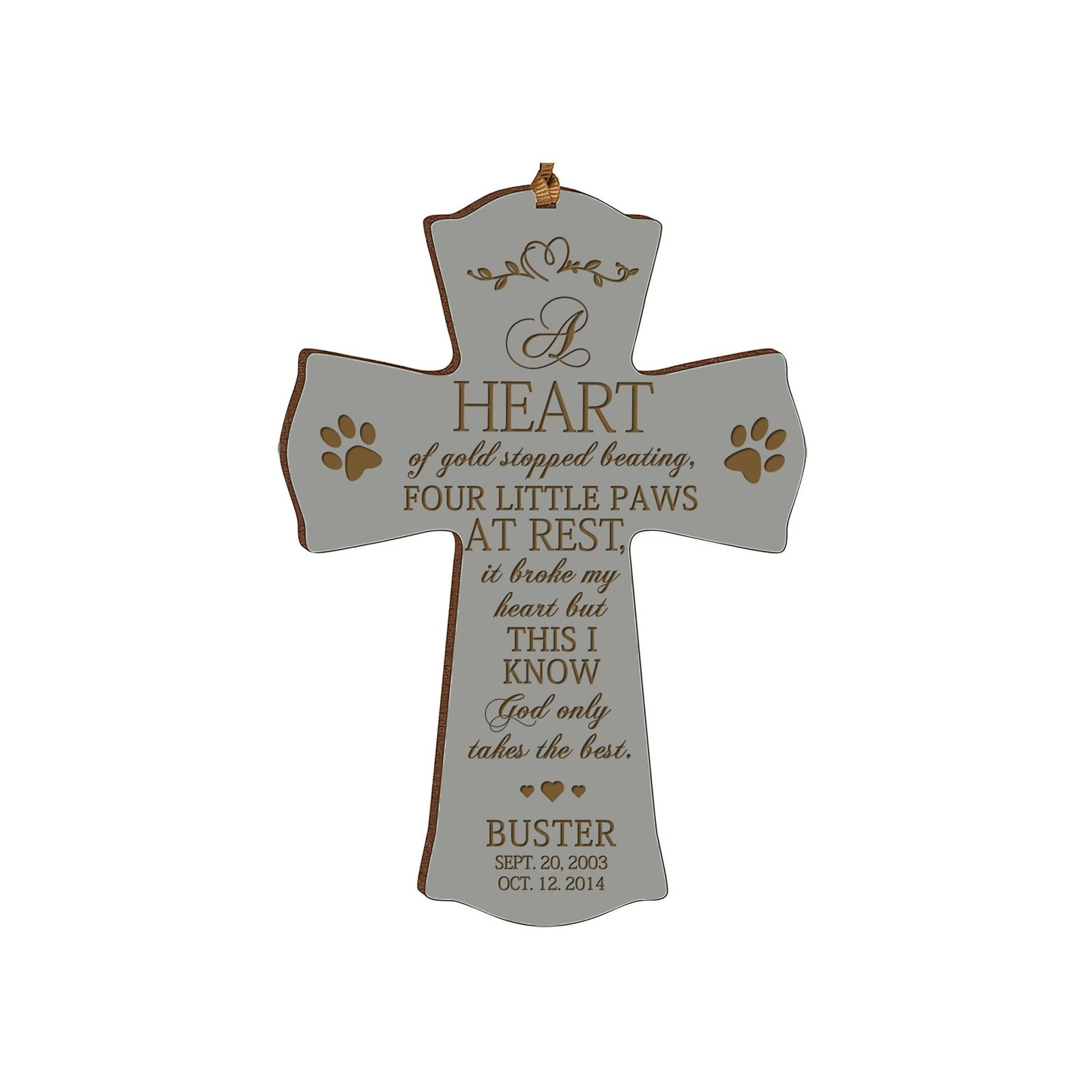Pet Memorial Engraved Cross Ornament - A Heart of Gold - LifeSong Milestones