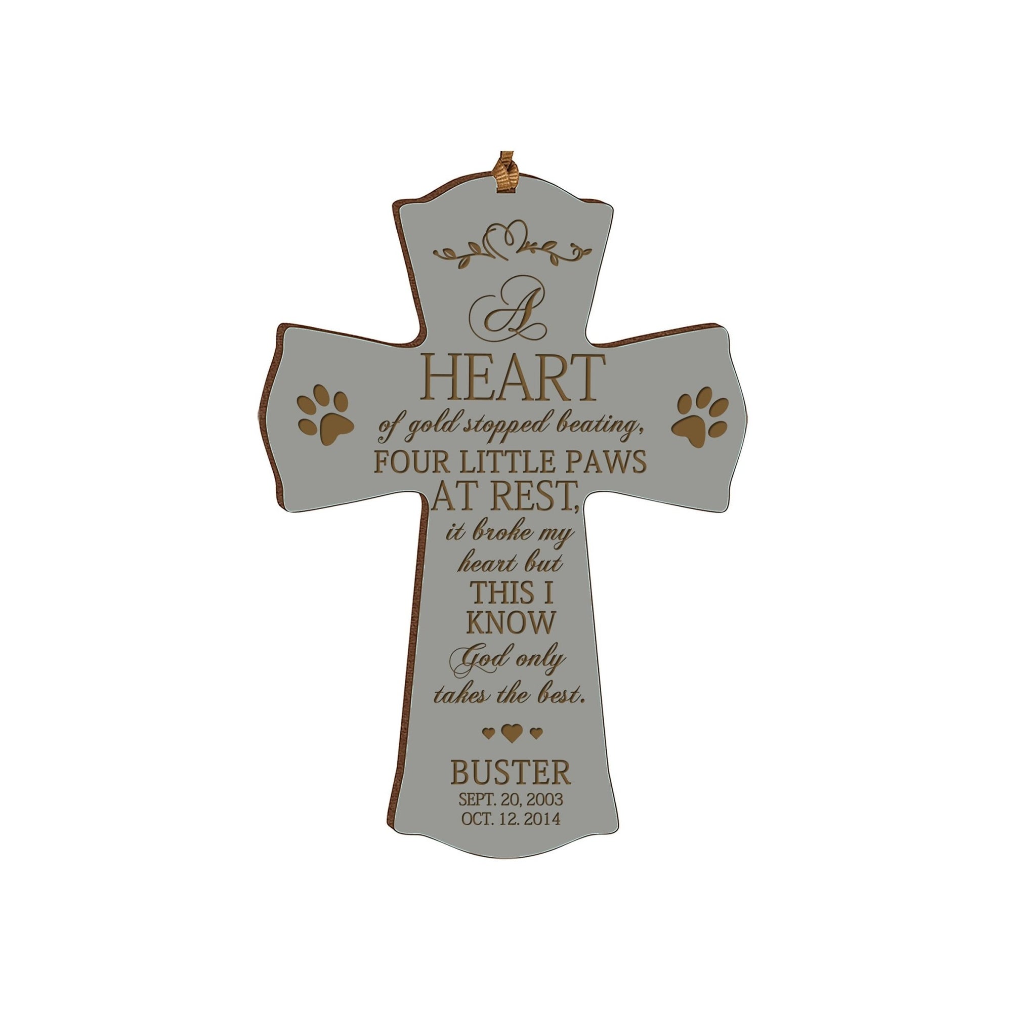 Pet Memorial Engraved Cross Ornament - A Heart of Gold - LifeSong Milestones