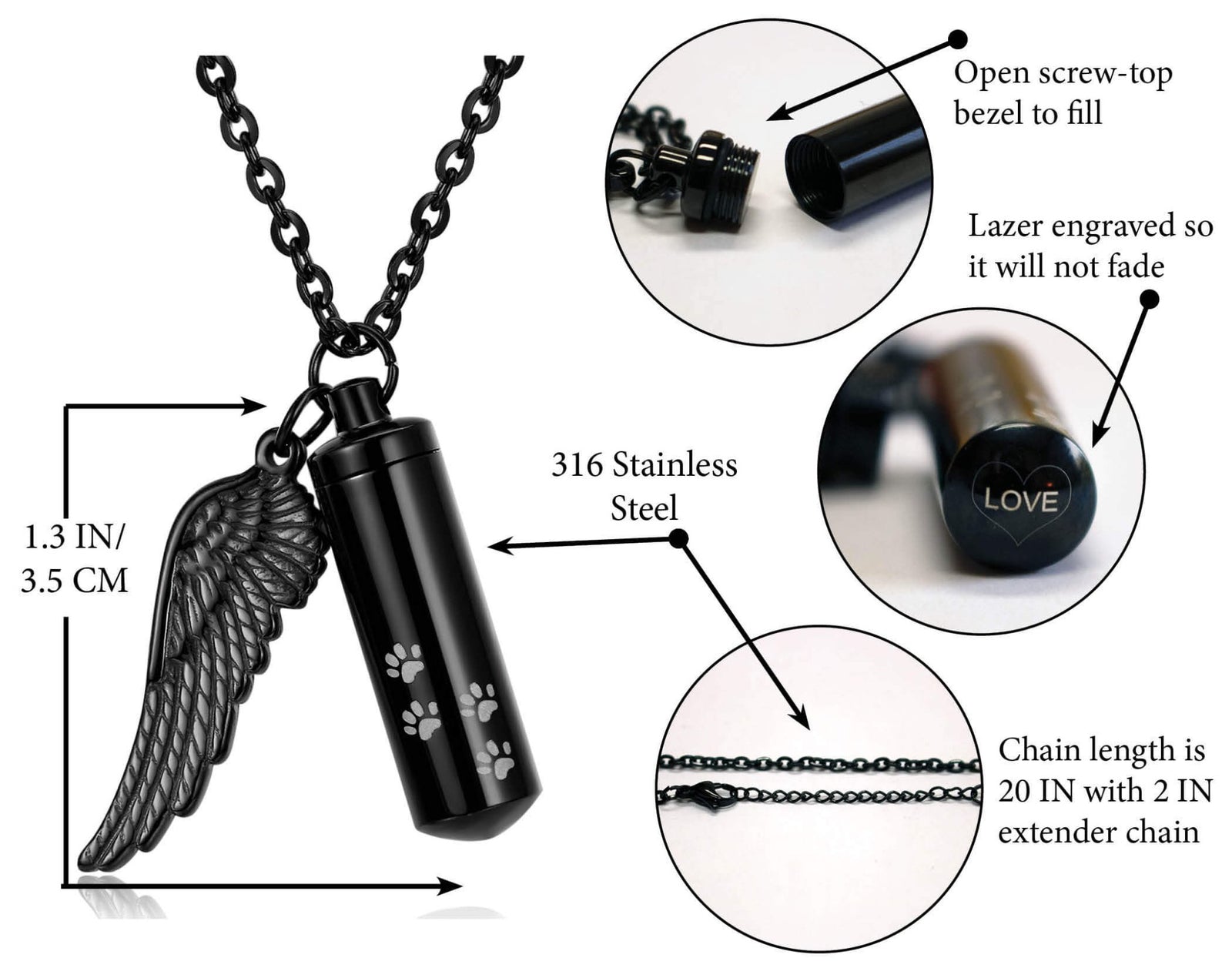 Pet Memorial Jewelry Cremation Urn for Dog or Cat - Wing & Paw Prints - LifeSong Milestones