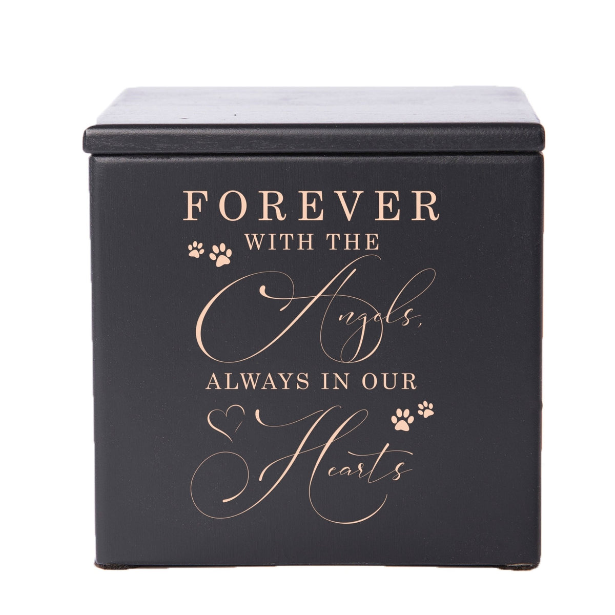 A beautifully crafted Pet Cremation Urns for Ashes in black wood featuring delicate paw prints. 