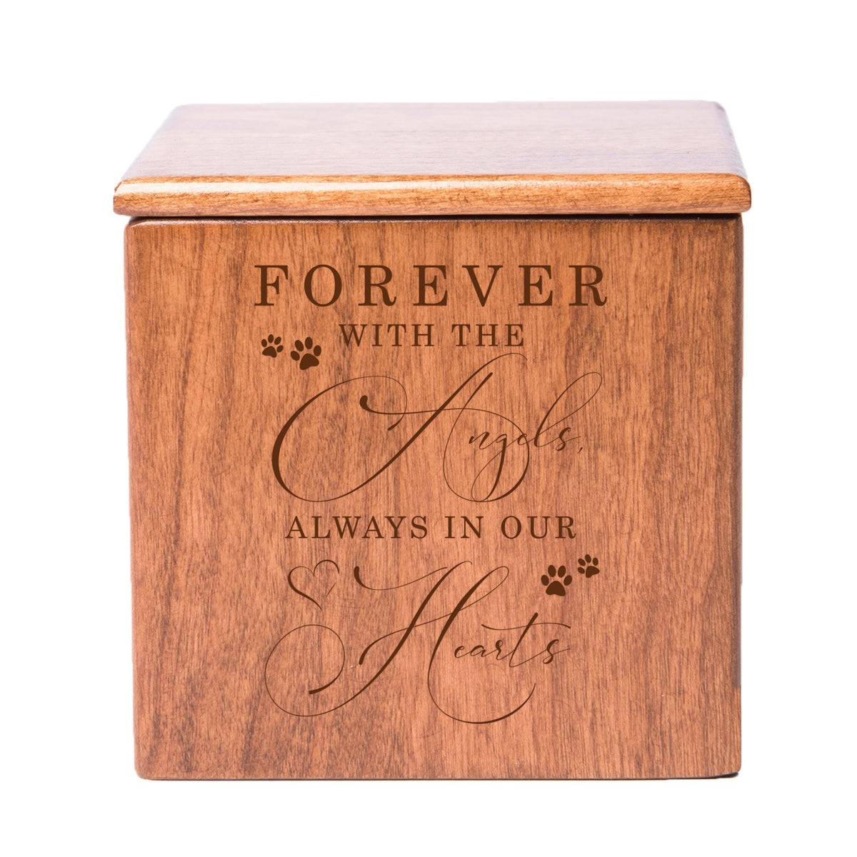 A cherry finish pet cremation urn box with a timeless engraved message, offering a special place for pet ashes. 
