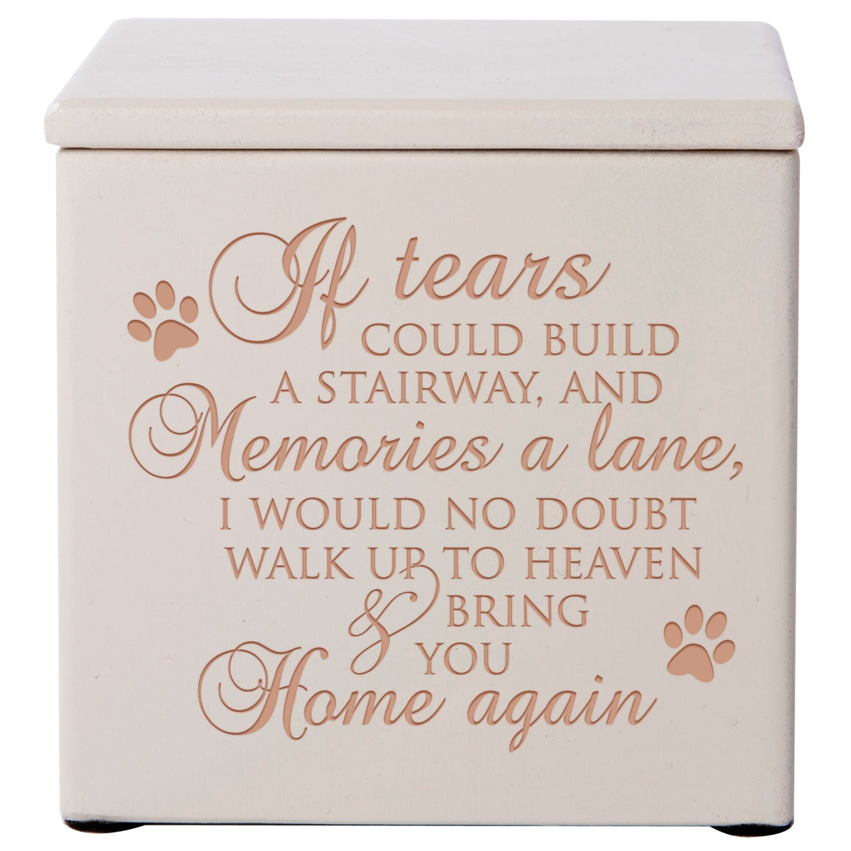 A classic ivory Dog urn for Ashes featuring a sentimental engraving and delicate paw prints.