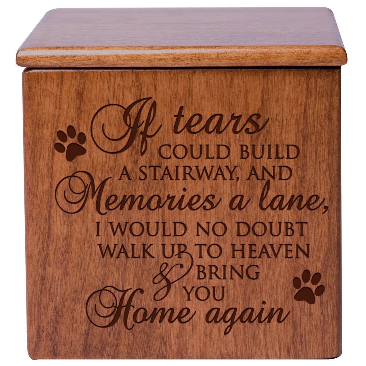 A cherry finish Dog urn for Ashes box with a timeless engraved message, offering a special place for pet ashes.