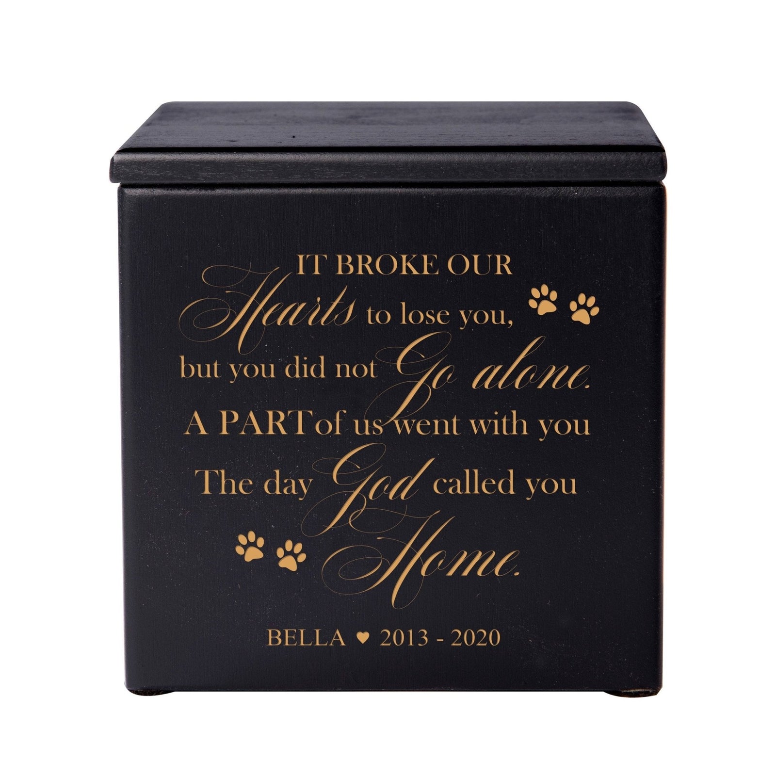 A sleek black wooden pet urn with an elegant engraved message, perfect for preserving cherished memories. This pet urn for ashes is ideal for those seeking a sophisticated dog urn or cat cremation urn for their beloved pet.