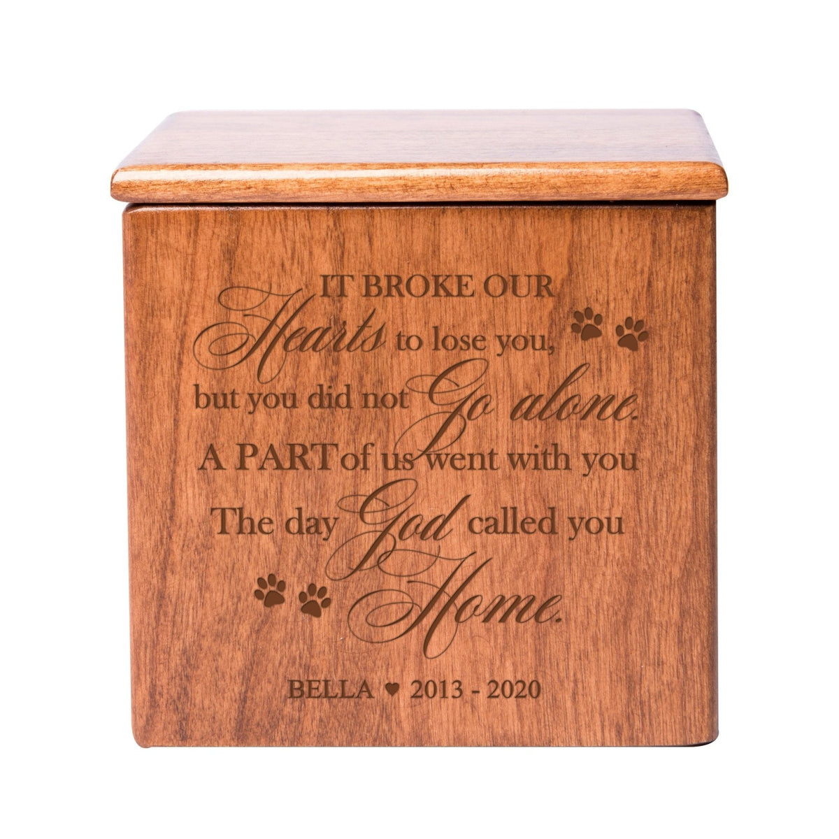 A cherry finish pet urn box with a timeless engraved message, offering a special place for pet ashes. This dog urn for ashes or cat cremation urn is a meaningful keepsake for honoring a beloved pet.