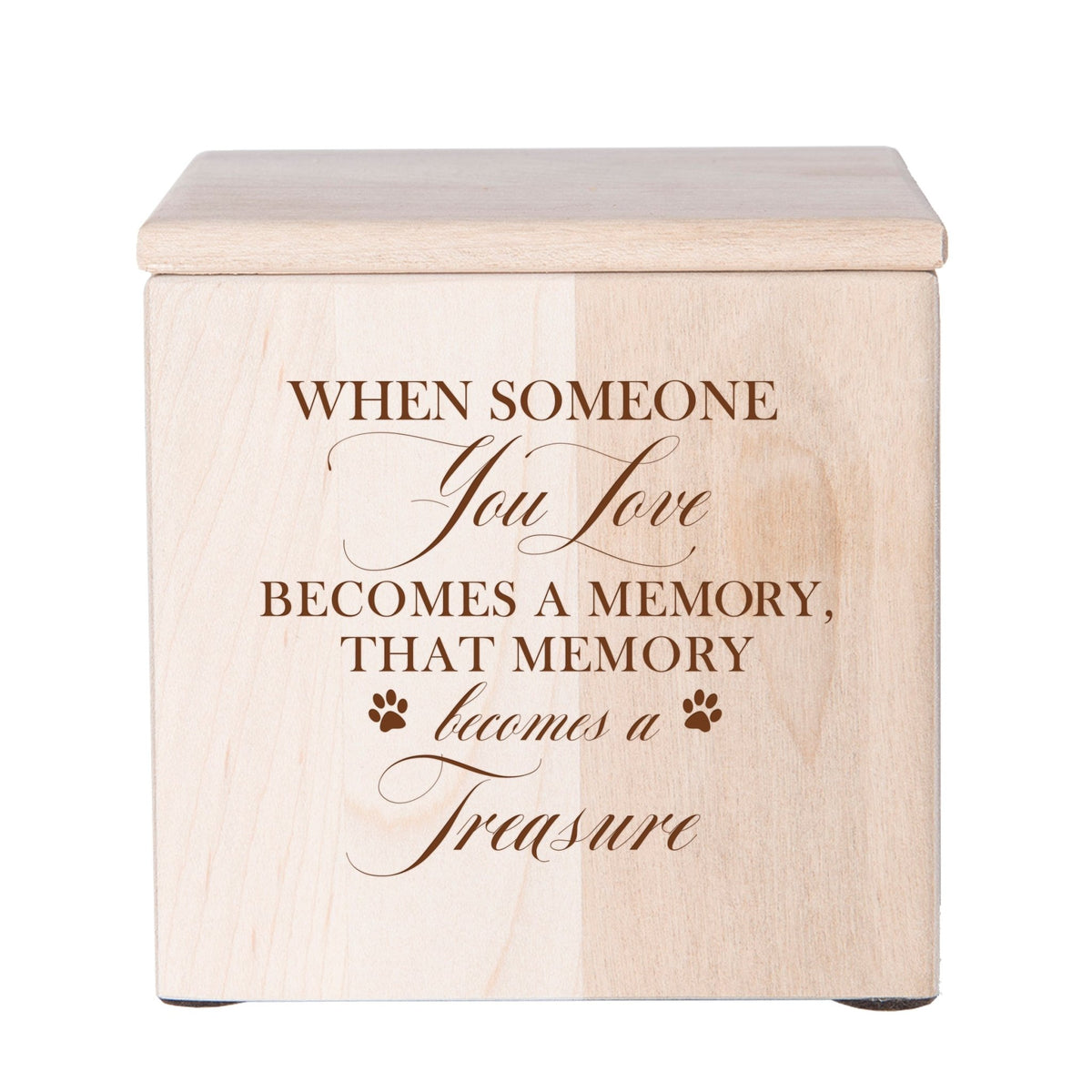A beautifully crafted Dog Cremation Urns for Ashes in maple wood featuring delicate paw prints.