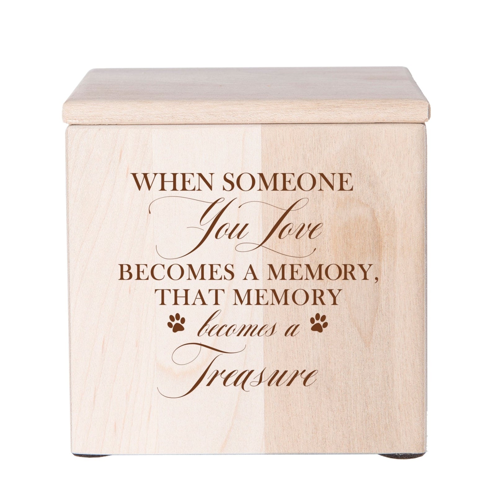 A beautifully crafted Dog Cremation Urns for Ashes in maple wood featuring delicate paw prints.