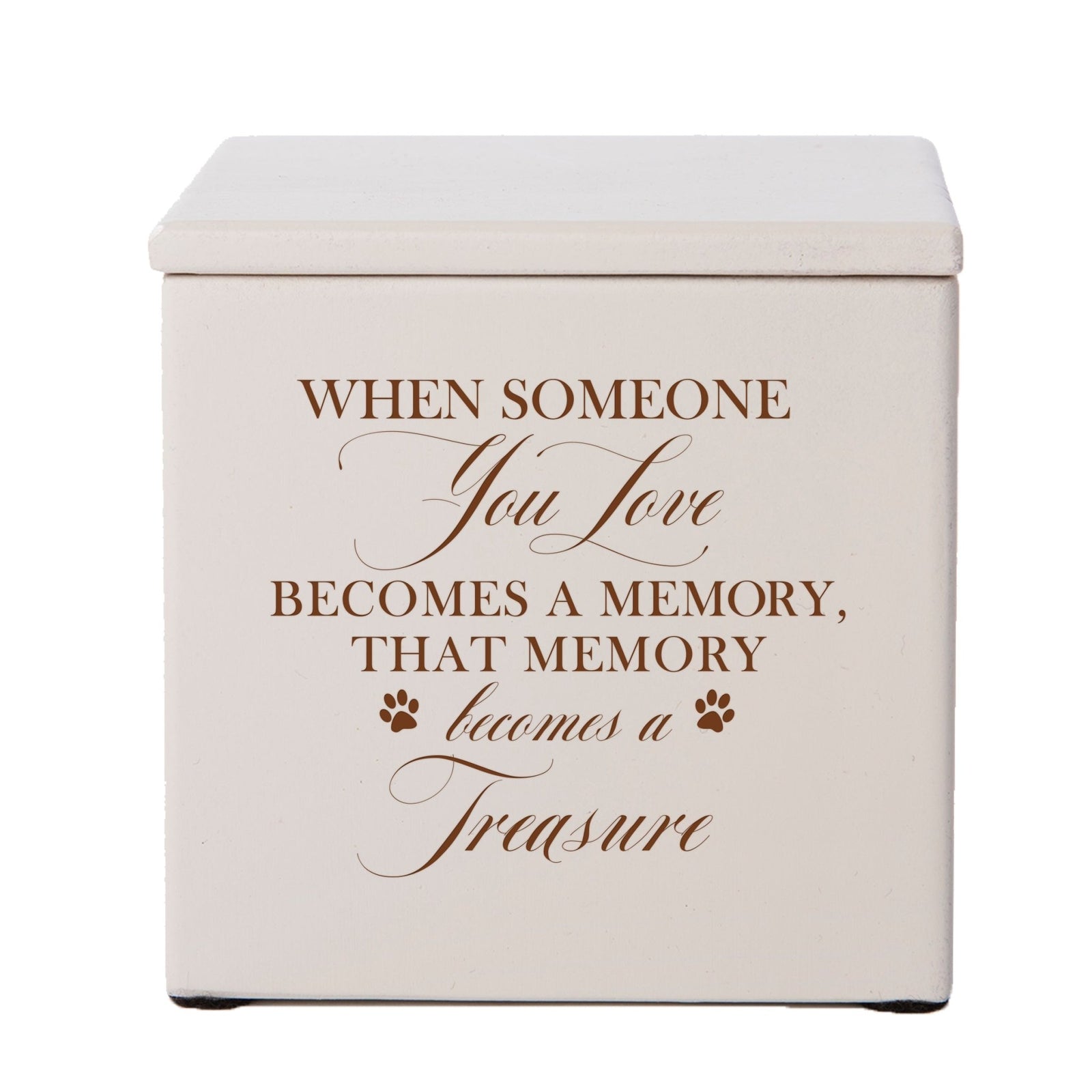 A classic ivory Dog cremation urn featuring a sentimental engraving and delicate paw prints.
