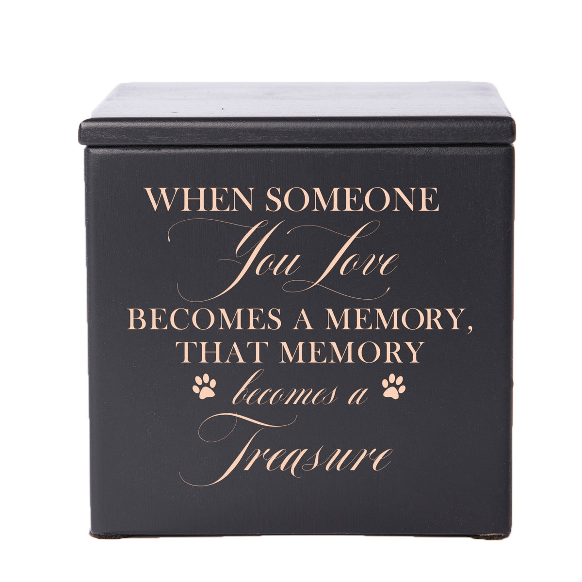 A beautifully crafted Dog Cremation Urns for Ashes in black wood featuring delicate paw prints.