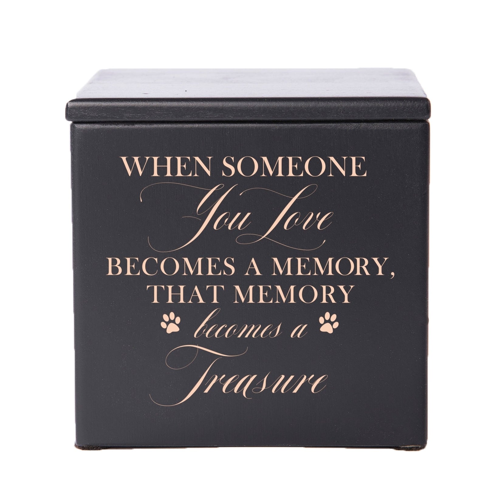 A beautifully crafted Dog Cremation Urns for Ashes in black wood featuring delicate paw prints.