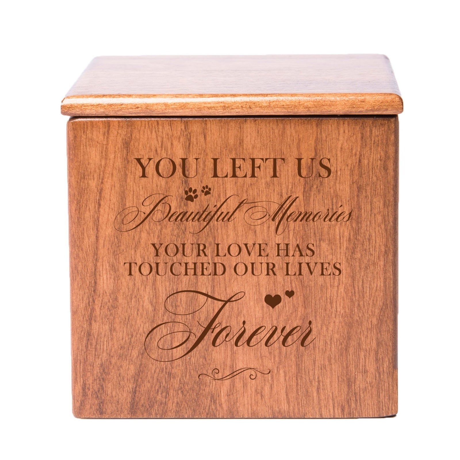 A cherry finish Dog cremation urn box with a timeless engraved message, offering a special place for pet ashes.