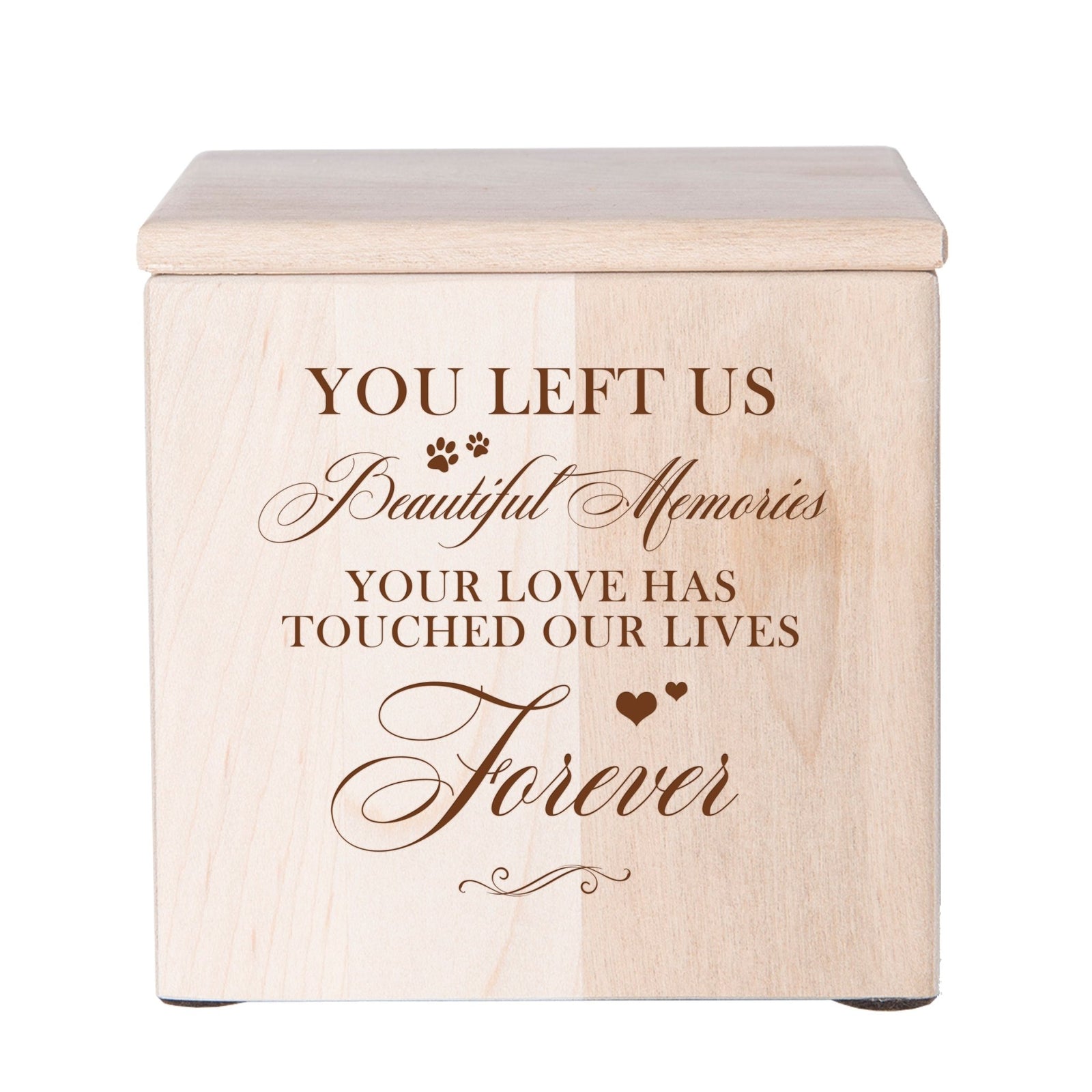 A beautifully crafted Dog Cremation Urns for Ashes in maple wood featuring delicate paw prints.