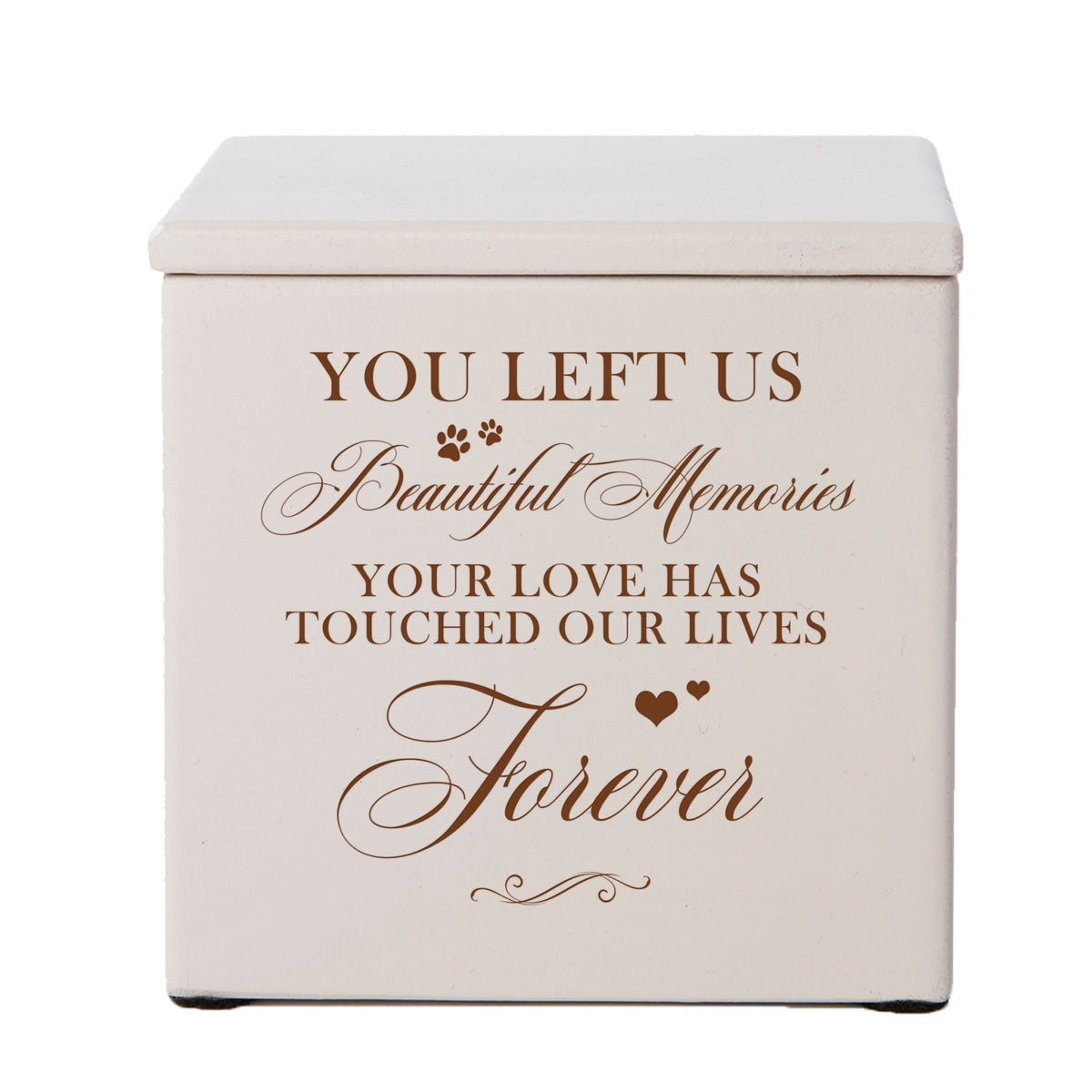 A classic ivory Dog cremation urn featuring a sentimental engraving and delicate paw prints.