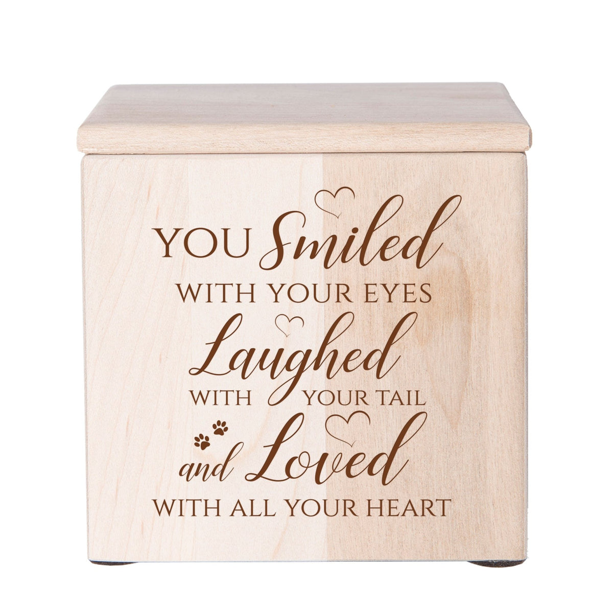 A beautifully crafted Pet Urns for Ashes in maple wood featuring delicate paw prints.