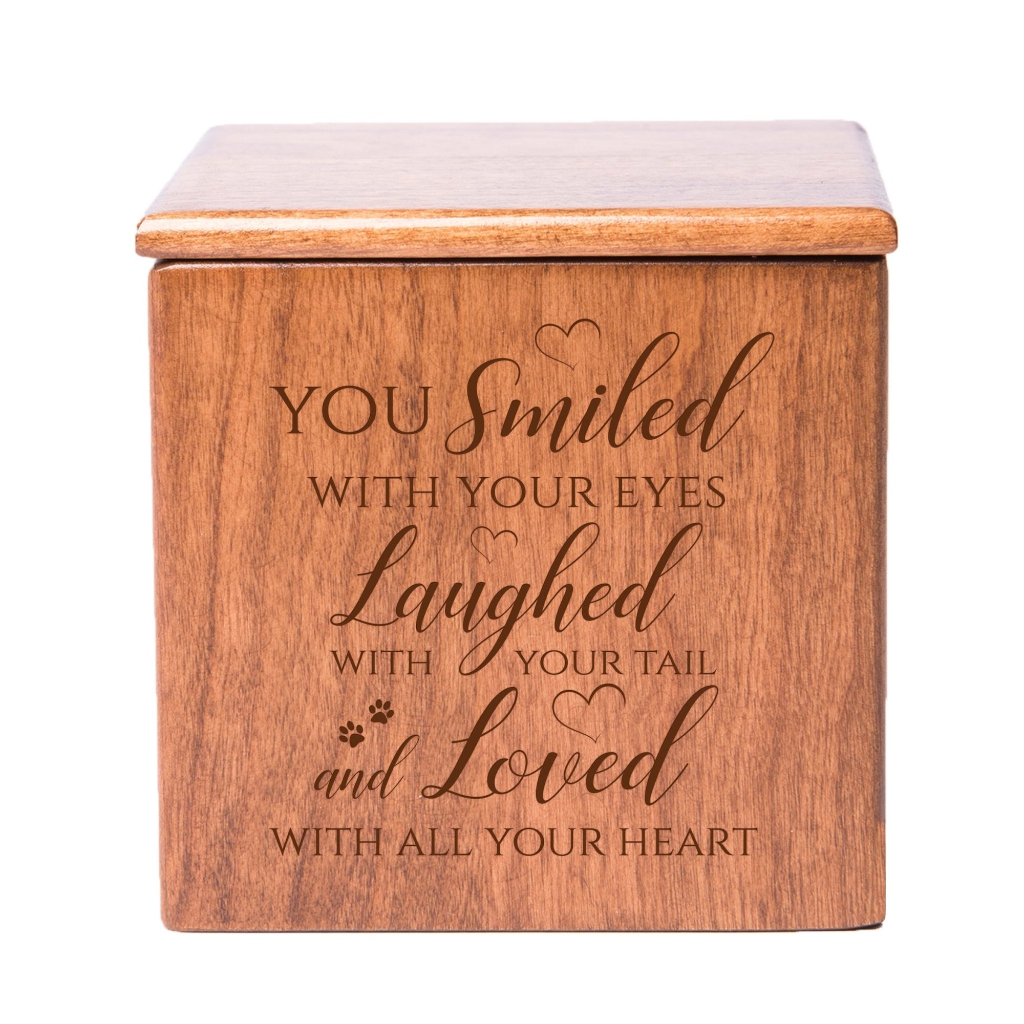 A cherry finish Pet Urns for Ashes with a timeless engraved message, offering a special place for pet ashes.