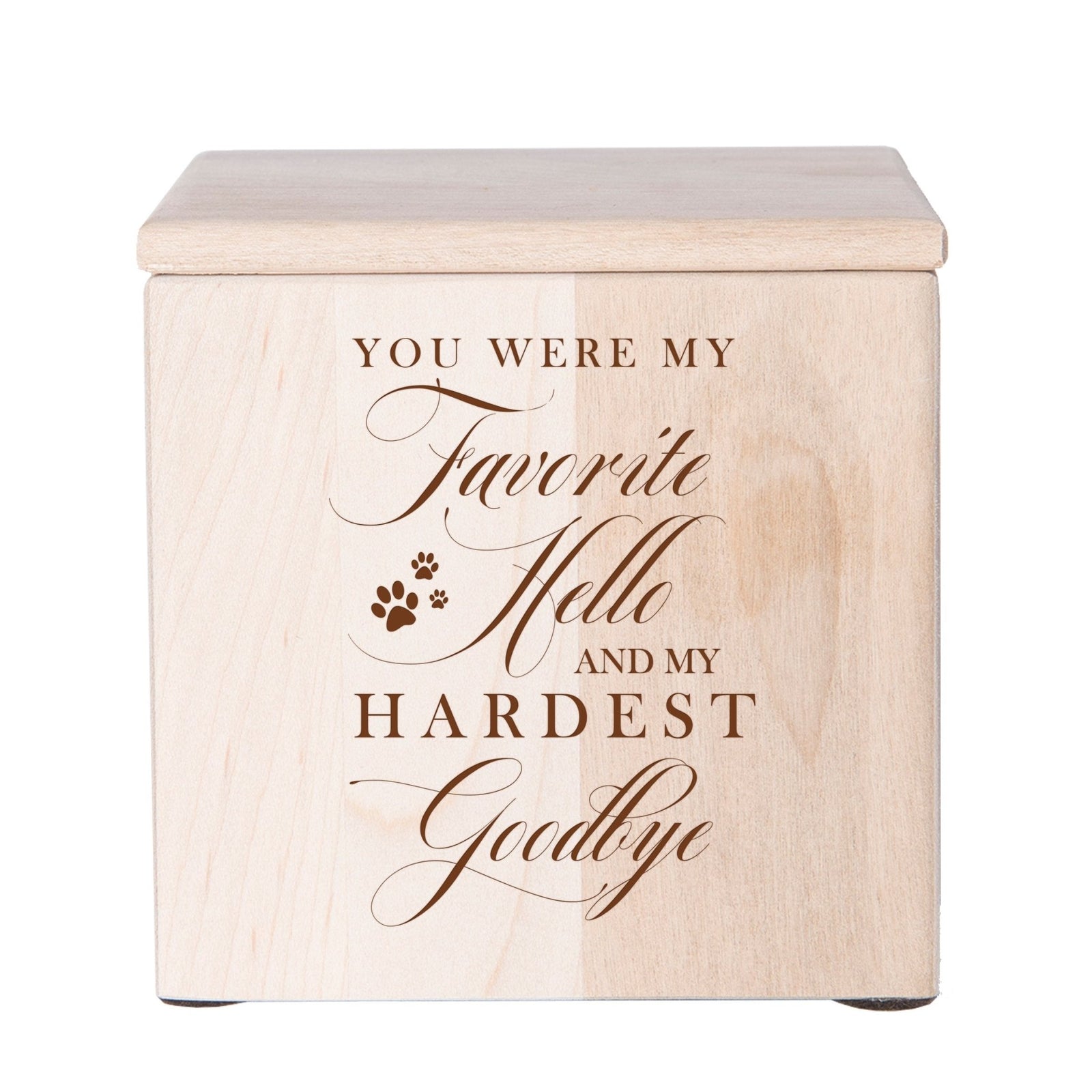 A beautifully crafted wooden pet urn in maple wood featuring delicate paw prints. This dog cremation urn or cat cremation urn is a heartfelt pet memorial urn to honor a beloved companion.