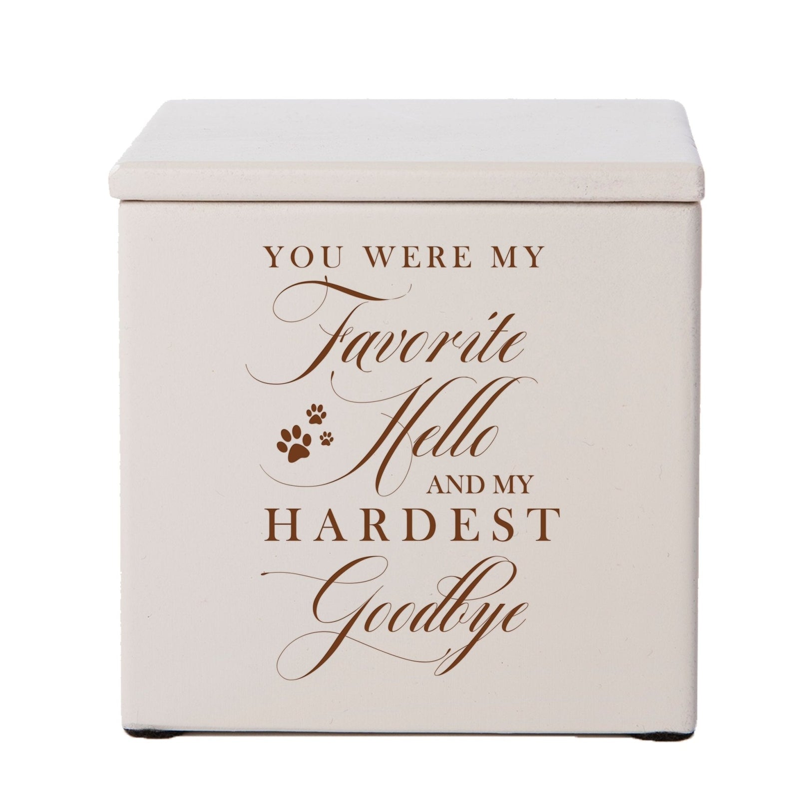 A classic ivory wooden pet urn featuring a sentimental engraving, designed as a comforting pet memorial urn for dogs or cats. This pet cremation urn is a beautiful tribute to a loyal companion.