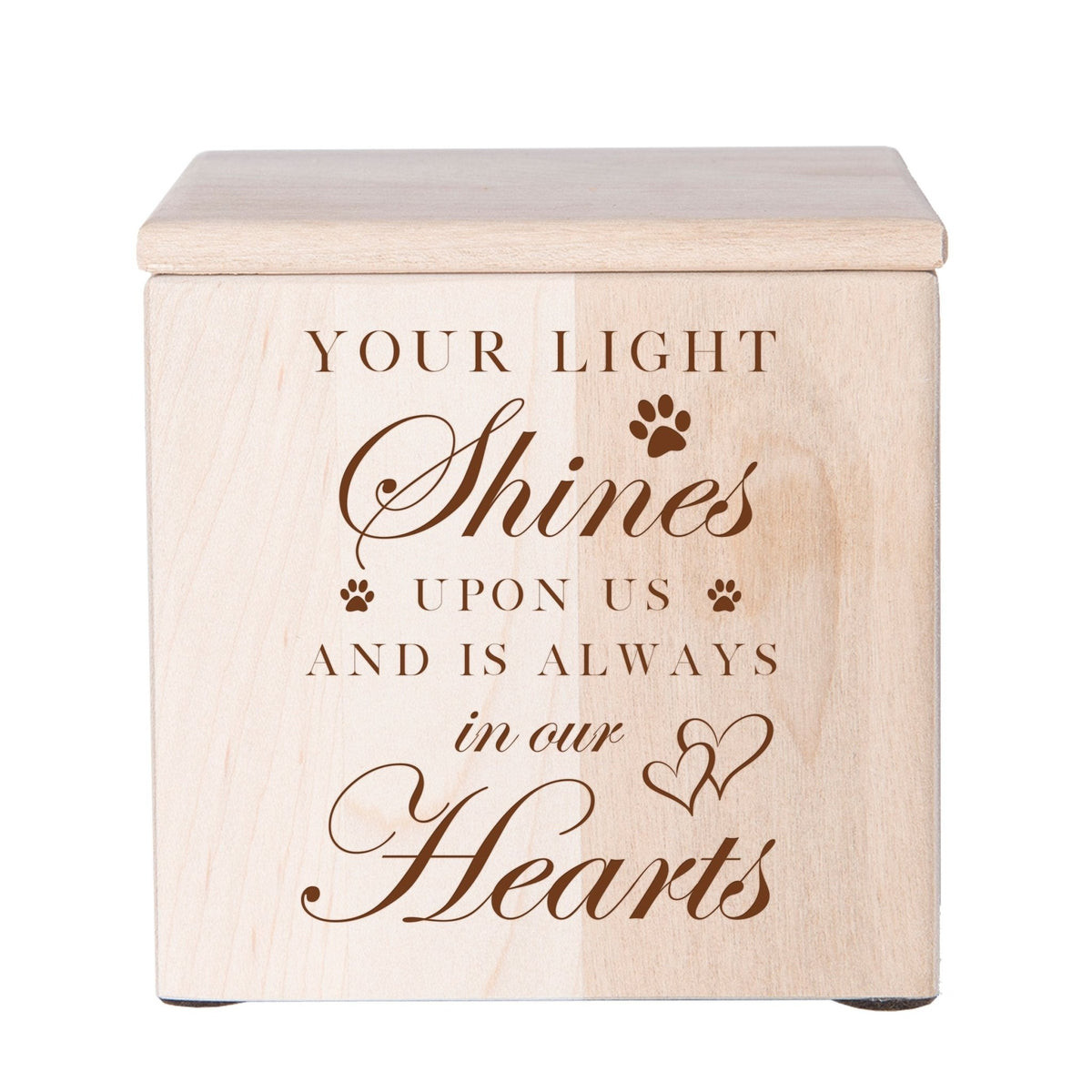 A beautifully crafted wooden pet urn in maple wood featuring delicate paw prints. This dog cremation urn or cat cremation urn is a heartfelt pet memorial urn to honor a beloved companion.