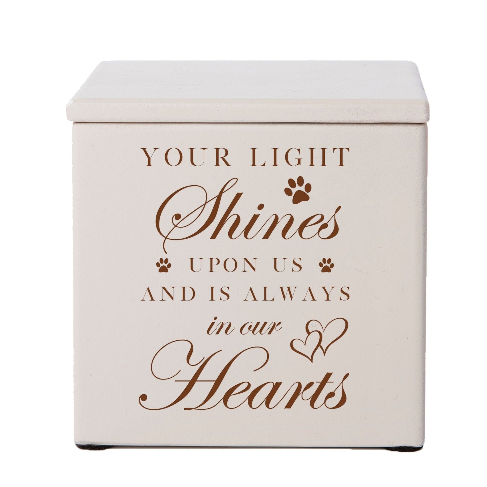 A classic ivory wooden pet urn featuring a sentimental engraving, designed as a comforting pet memorial urn for dogs or cats. This pet cremation urn is a beautiful tribute to a loyal companion.