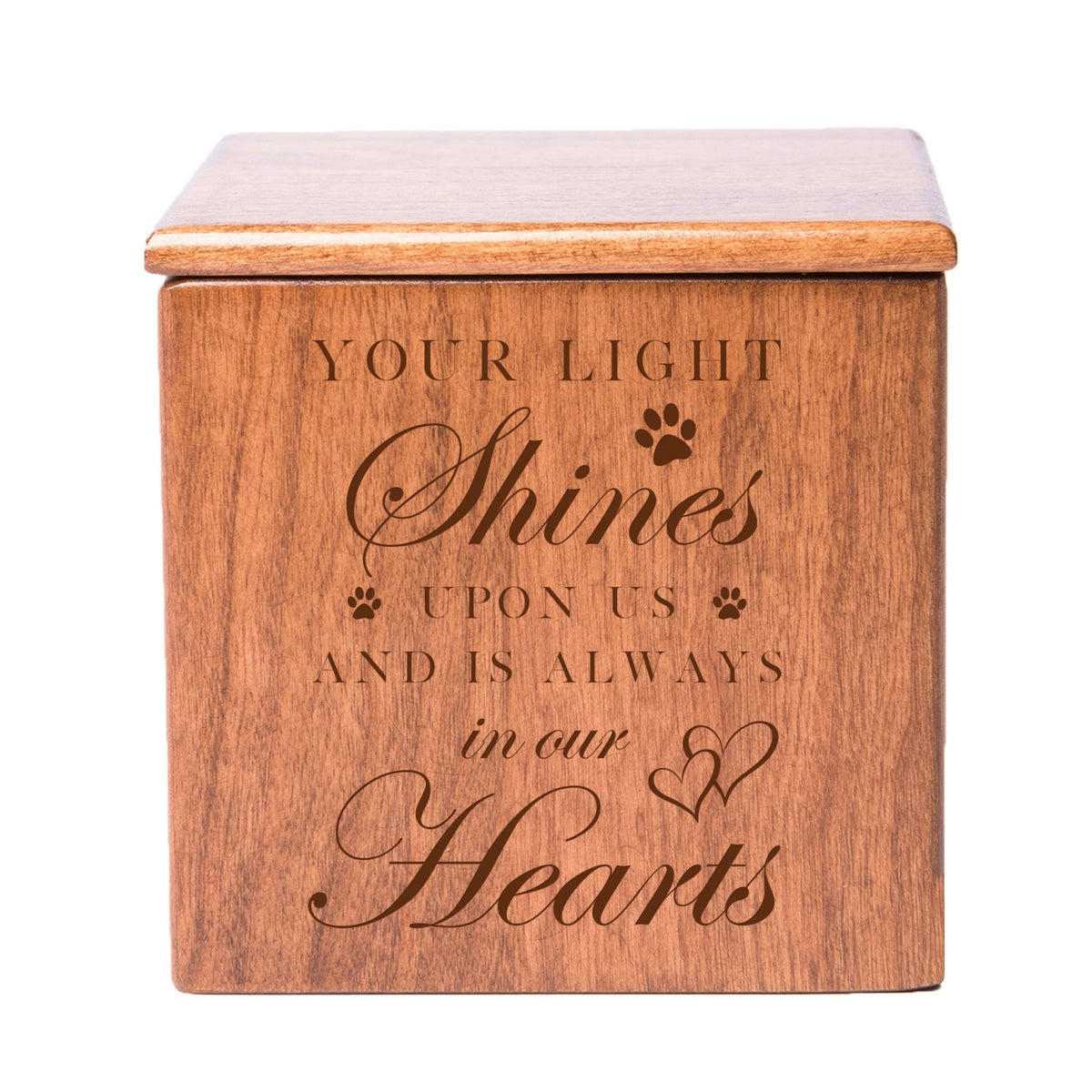 A cherry finish pet urn box with a timeless engraved message, offering a special place for pet ashes. This dog urn for ashes or cat cremation urn is a meaningful keepsake for honoring a beloved pet.