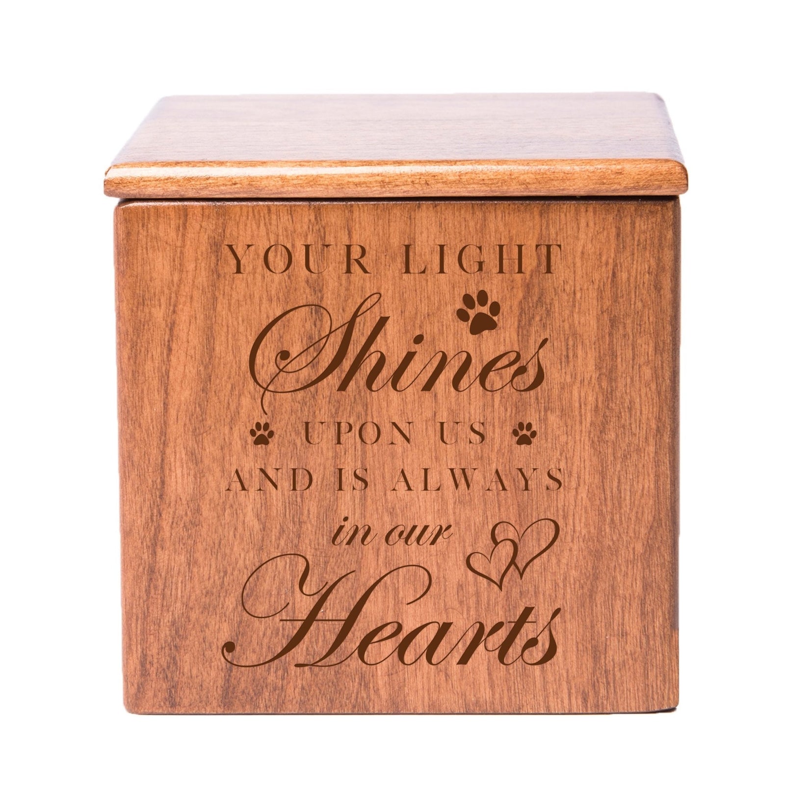 A cherry finish pet urn box with a timeless engraved message, offering a special place for pet ashes. This dog urn for ashes or cat cremation urn is a meaningful keepsake for honoring a beloved pet.