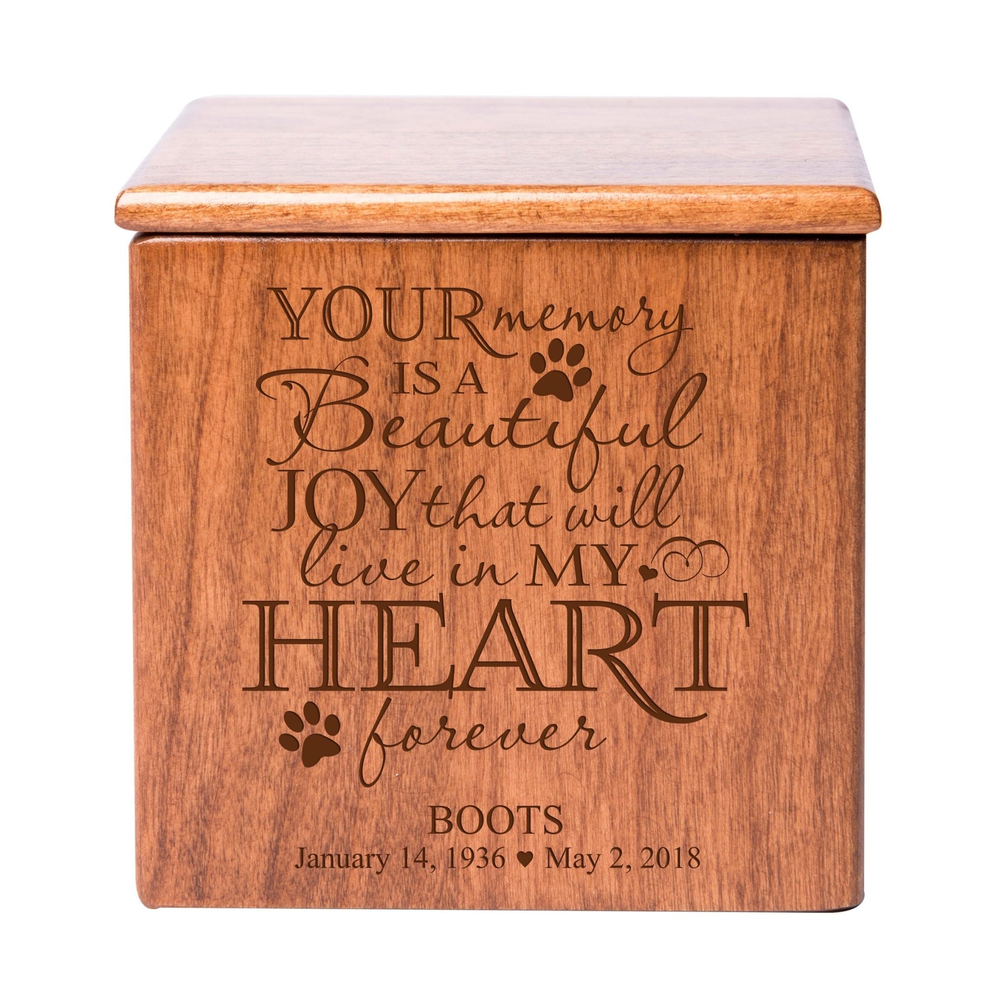 Pet Memorial Keepsake Cremation Urn Box for Dog or Cat - Your Memory Is A Beautiful Joy - LifeSong Milestones