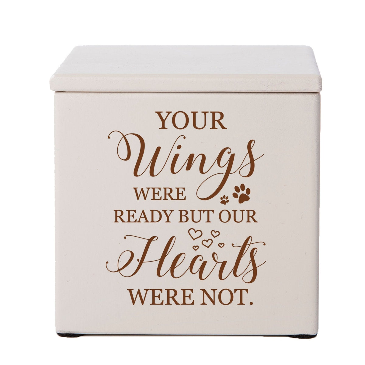 A classic ivory wooden pet urn featuring a sentimental engraving, designed as a comforting pet memorial urn for dogs or cats. This pet cremation urn is a beautiful tribute to a loyal companion.