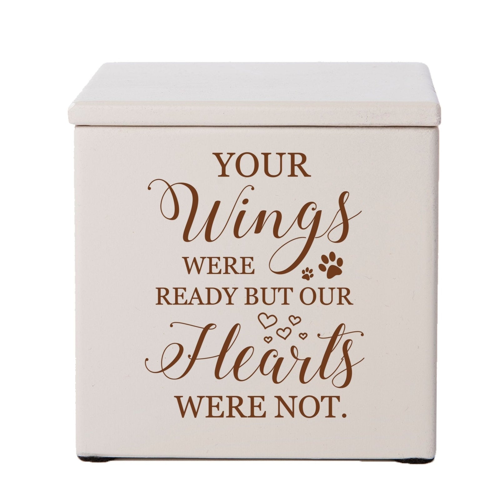 A classic ivory wooden pet urn featuring a sentimental engraving, designed as a comforting pet memorial urn for dogs or cats. This pet cremation urn is a beautiful tribute to a loyal companion.
