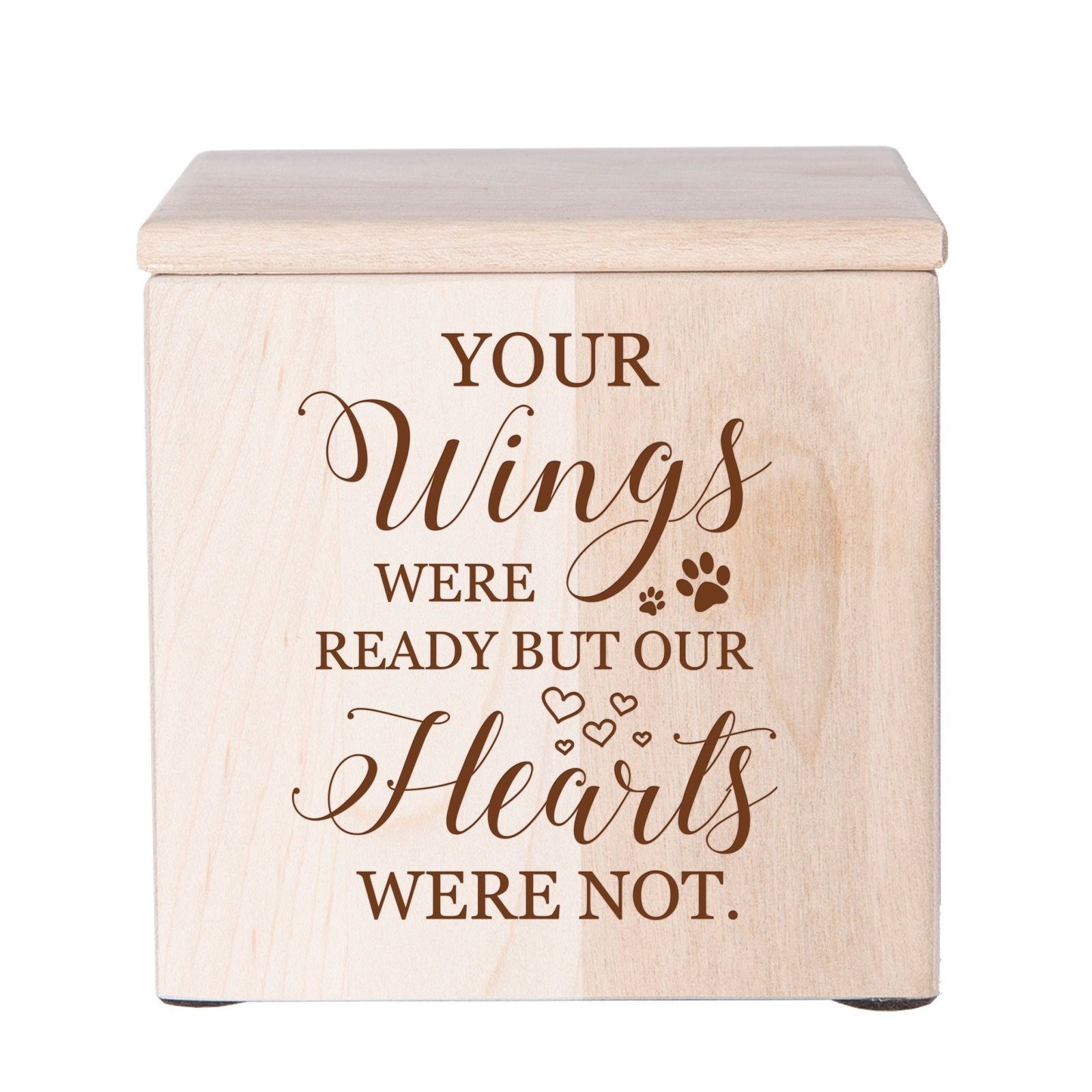 A beautifully crafted wooden pet urn in maple wood featuring delicate paw prints. This dog cremation urn or cat cremation urn is a heartfelt pet memorial urn to honor a beloved companion.