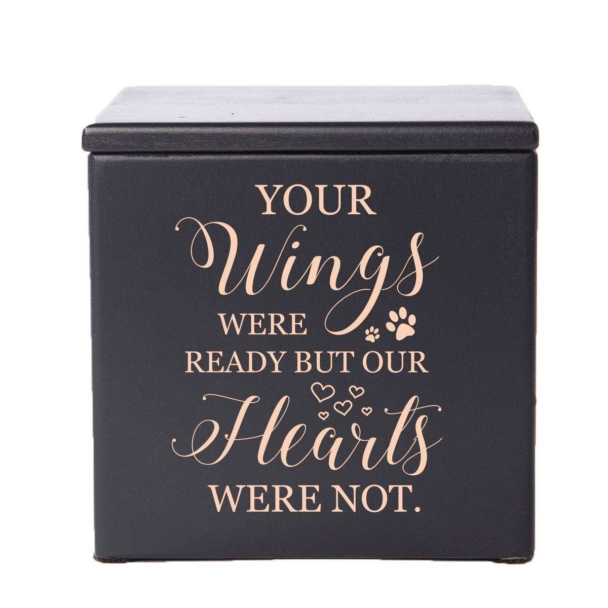 A sleek black wooden pet urn with an elegant engraved message, perfect for preserving cherished memories. This pet urn for ashes is ideal for those seeking a sophisticated dog urn or cat cremation urn for their beloved pet.