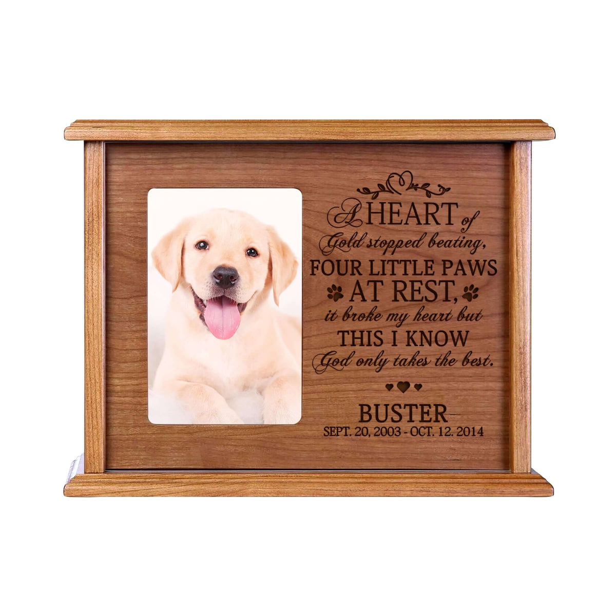 Pet Memorial Picture Cremation Urn Box for Dog or Cat - A Heart of Gold - LifeSong Milestones