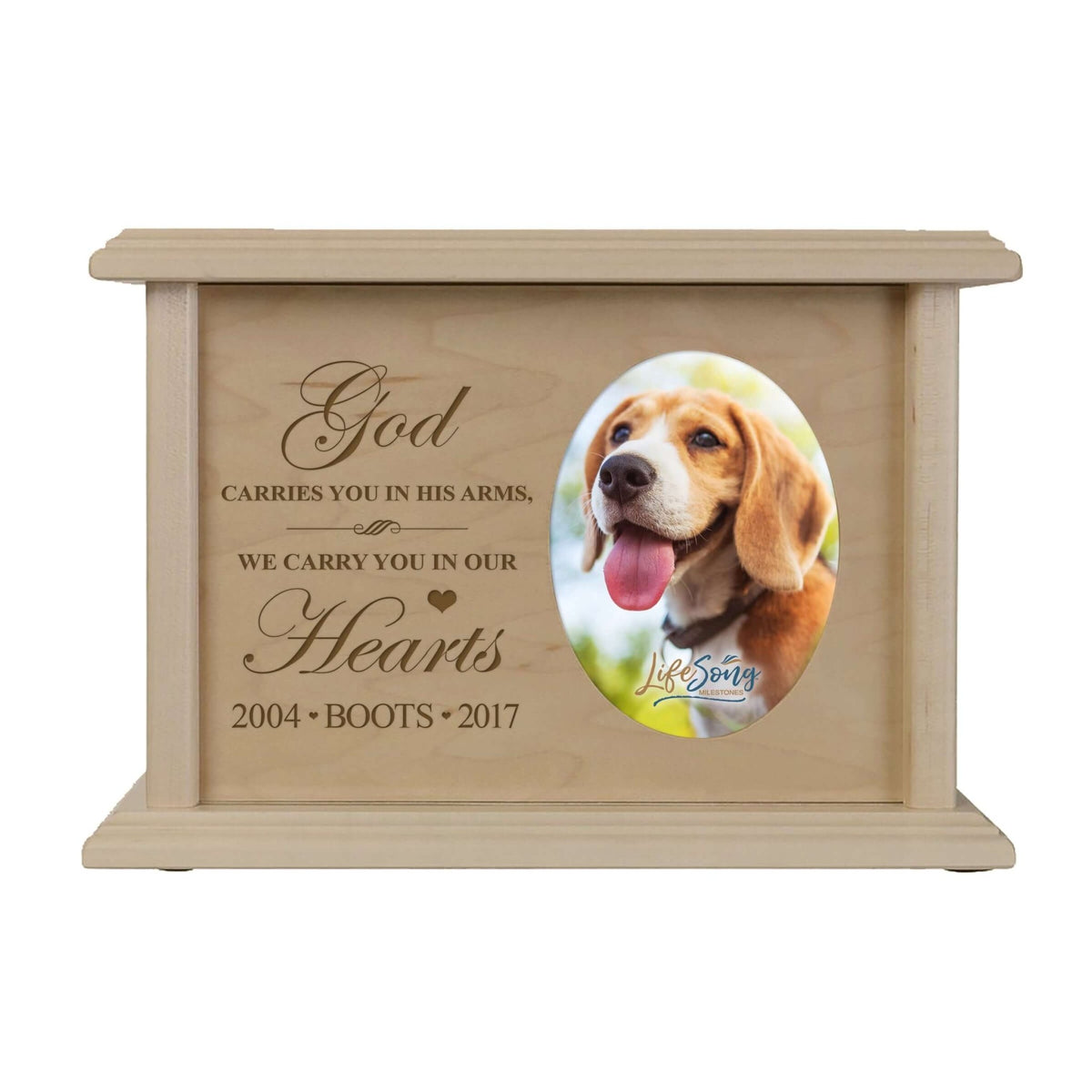 Pet Memorial Picture Cremation Urn Box for Dog or Cat - God Carries You In His Arms - LifeSong Milestones