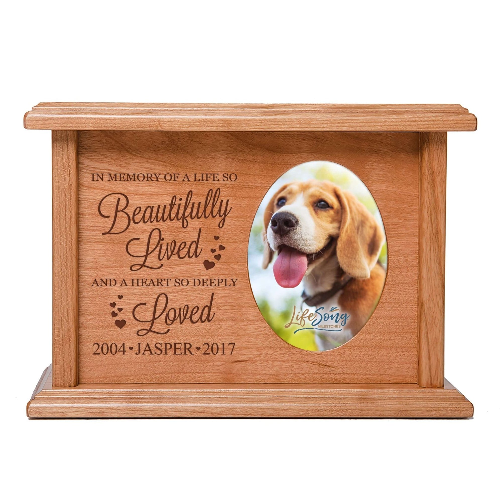 Pet Memorial Picture Cremation Urn Box for Dog or Cat - In Memory Of A Life So Beautifully Lived - LifeSong Milestones