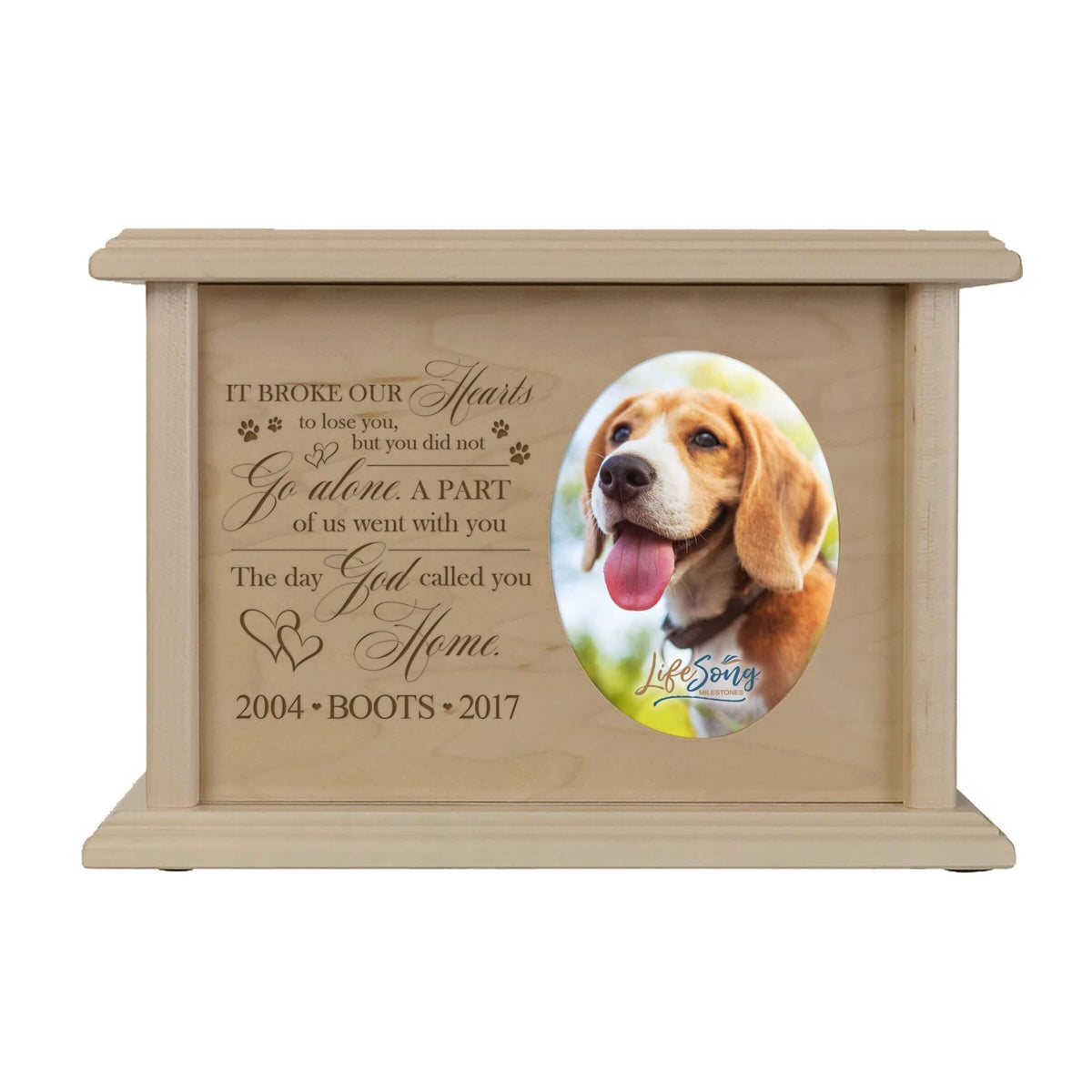 Pet Memorial Picture Cremation Urn Box for Dog or Cat - It Broke Our Hearts To Lose You - LifeSong Milestones