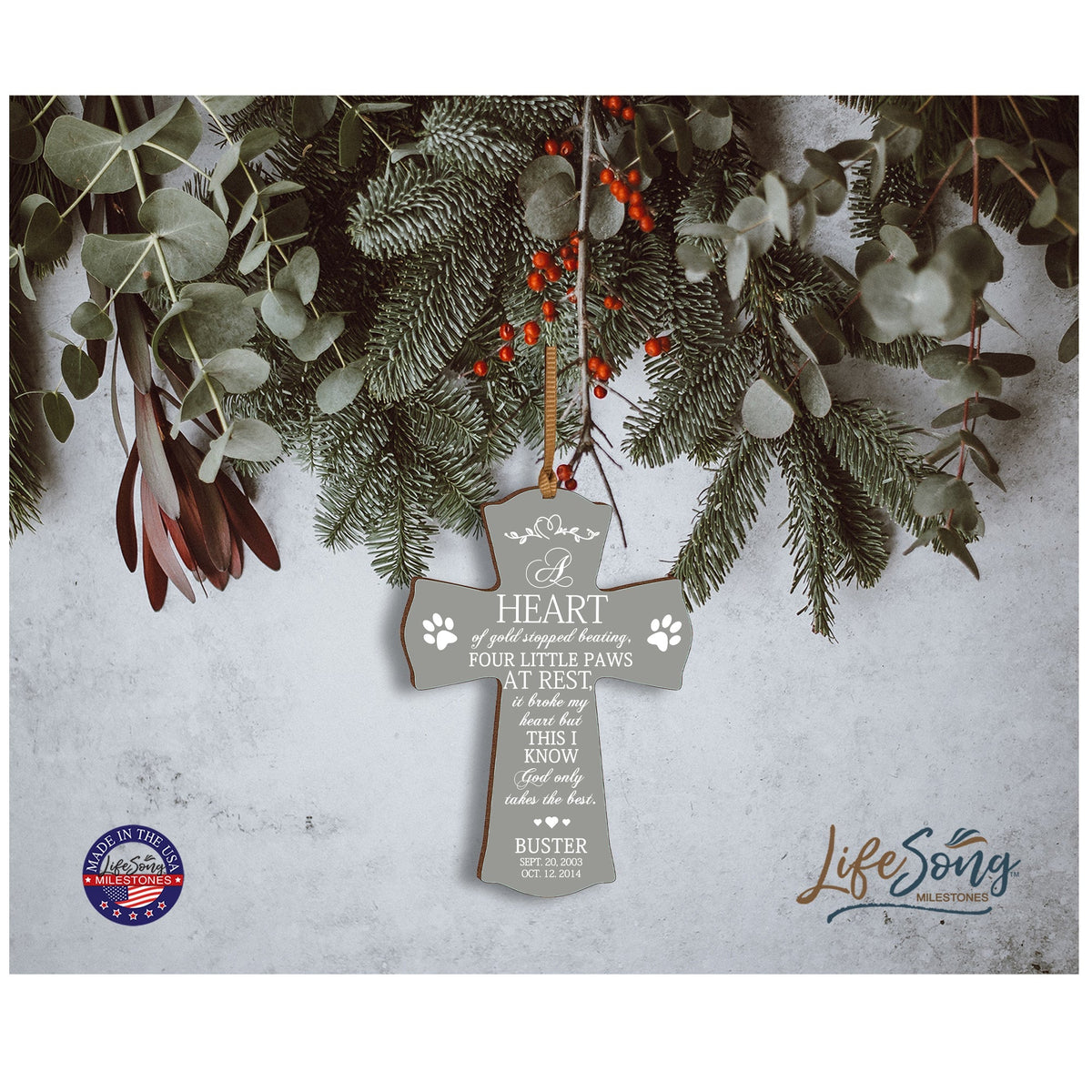 Pet Memorial Printed Cross Ornament - A Heart of Gold - LifeSong Milestones