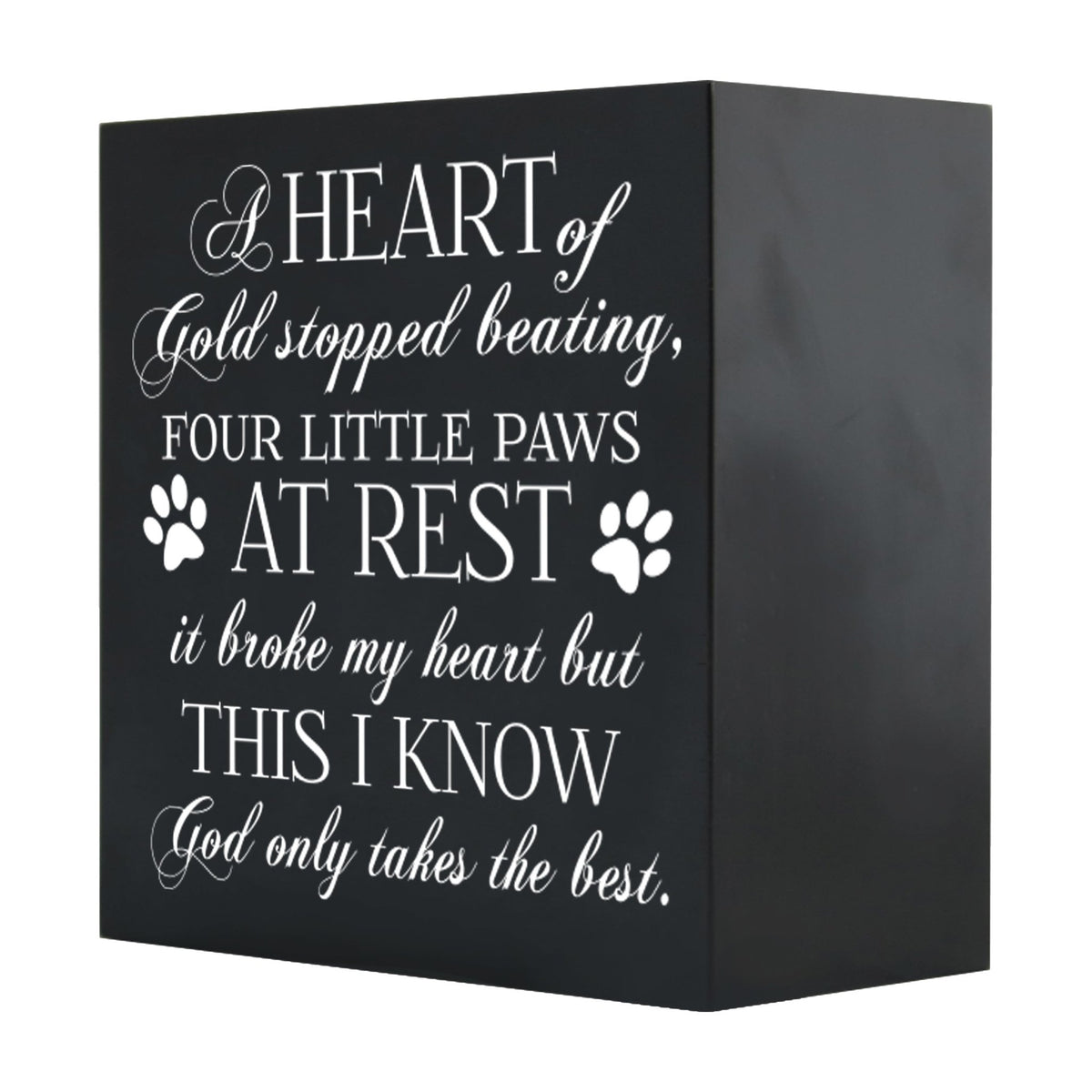 Close-up of a black Lifesong Milestones Memorial Shadow Box Urn For Pet Ashes with a moving inscription about love and loss, designed for displaying keepsakes and honoring a pet’s memory.