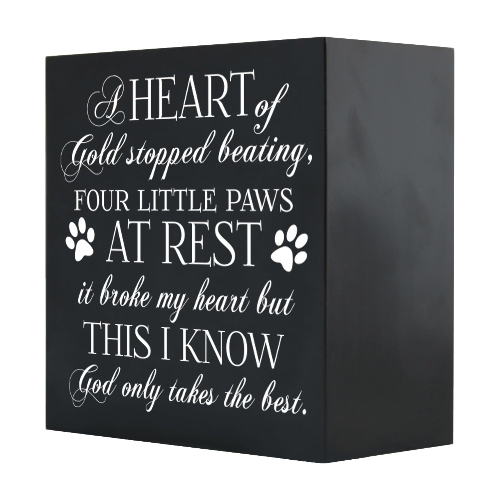 Close-up of a black Lifesong Milestones Memorial Shadow Box Urn For Pet Ashes with a moving inscription about love and loss, designed for displaying keepsakes and honoring a pet’s memory.