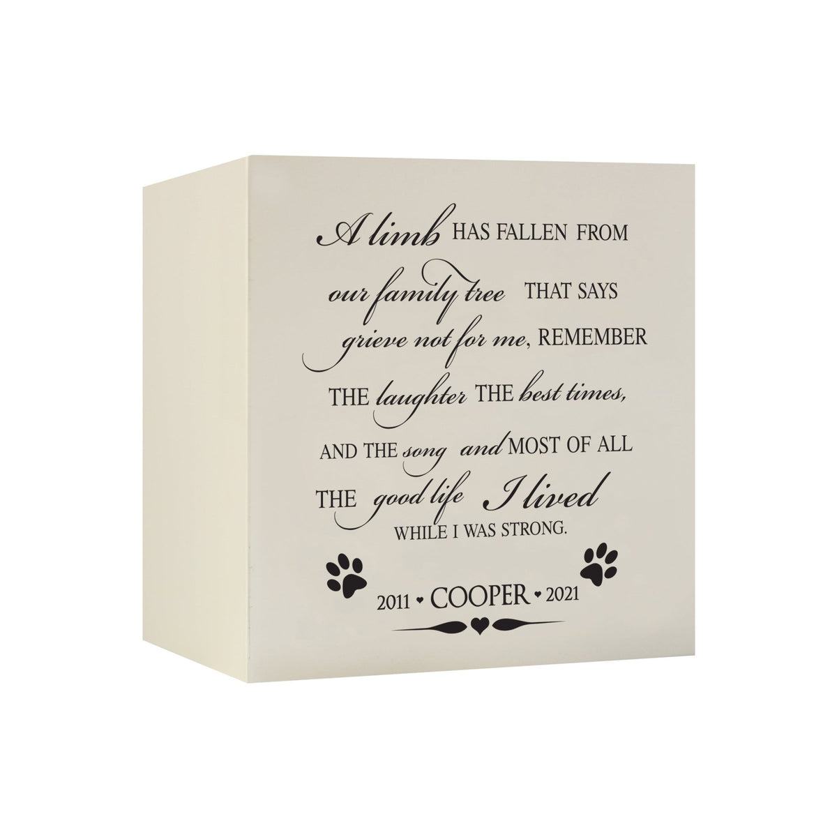 Pet Memorial Shadow Box Cremation Urn for Dog or Cat - A Limb Has Fallen From Our Family Tree - LifeSong Milestones