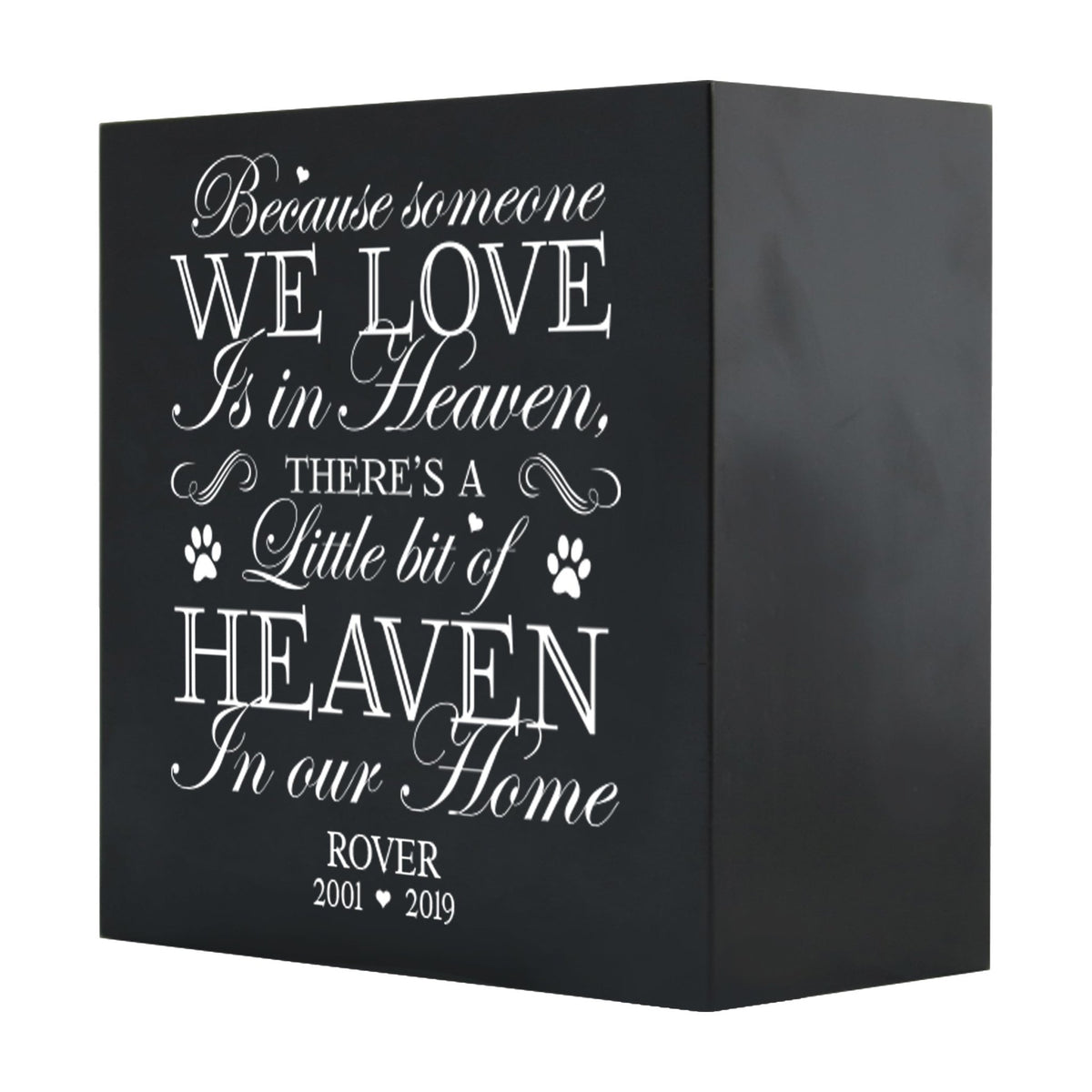 Close-up of a black Lifesong Milestones Memorial Shadow Box Urn For Pet Ashes with a moving inscription about love and loss, designed for displaying keepsakes and honoring a pet’s memory.
