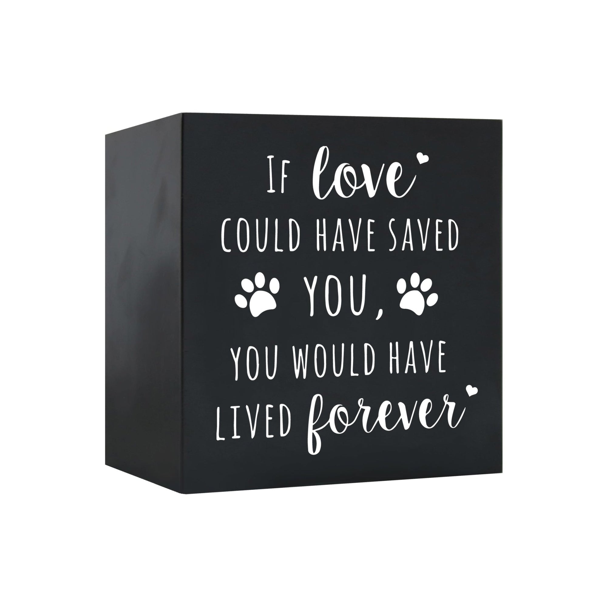 Close-up of a black Lifesong Milestones Memorial Shadow Box Urn For Pet Ashes with a moving inscription about love and loss, designed for displaying keepsakes and honoring a pet’s memory.