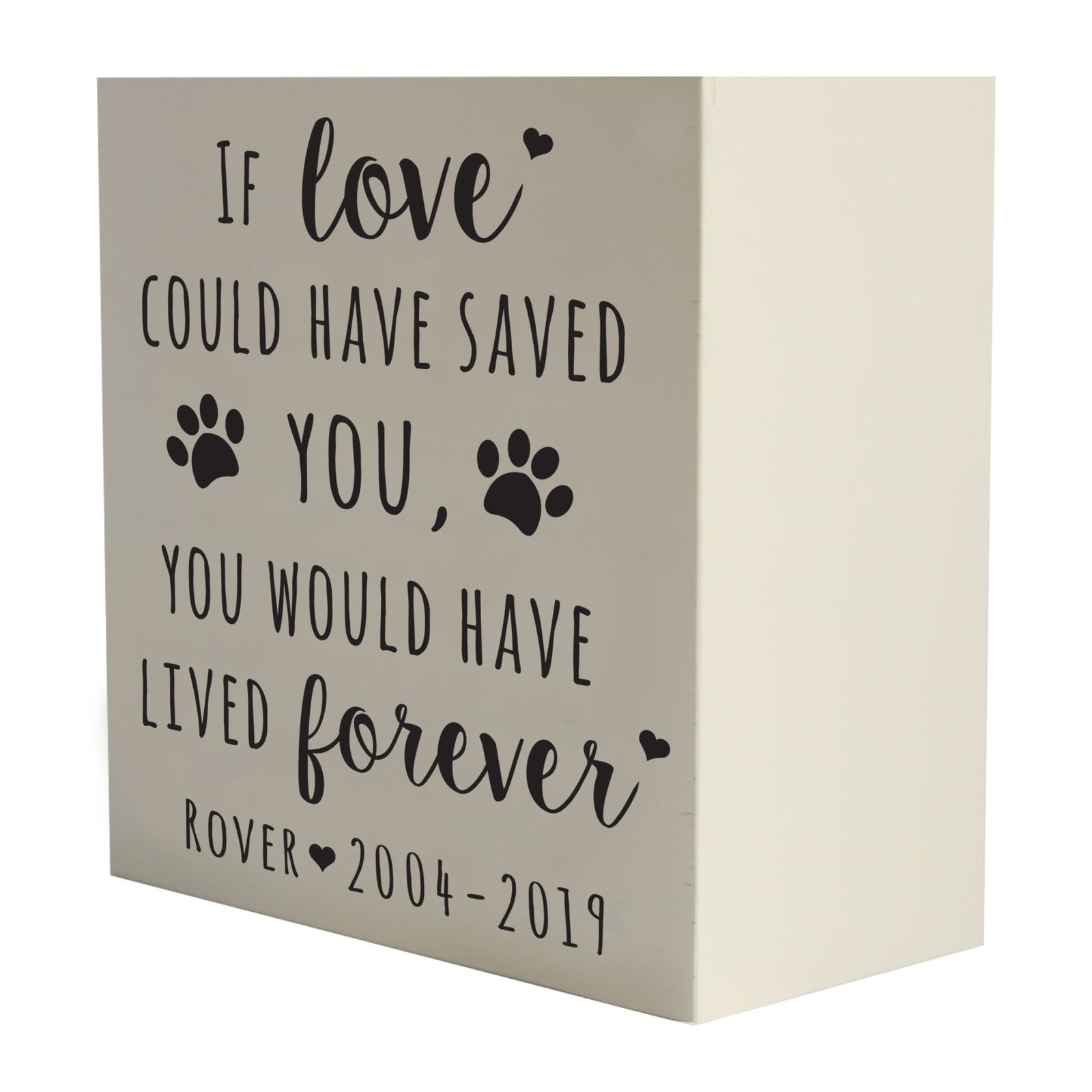 Lifesong Milestones Memorial Shadow Box Urn For Pet Ashes in white, featuring an elegant script with the heartfelt message. A touching tribute to a beloved pet's memory.