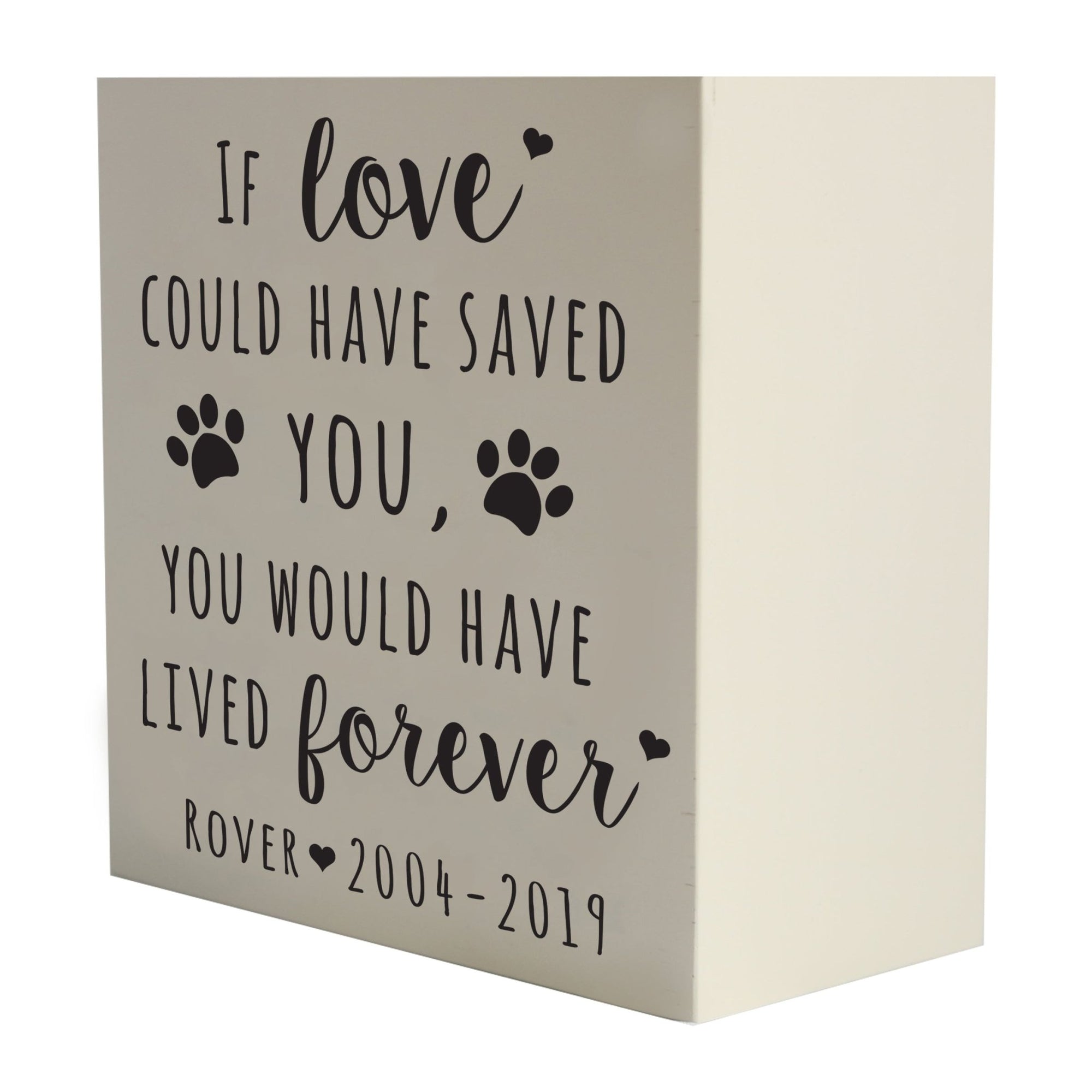 Lifesong Milestones Memorial Shadow Box Urn For Pet Ashes in white, featuring an elegant script with the heartfelt message. A touching tribute to a beloved pet's memory.