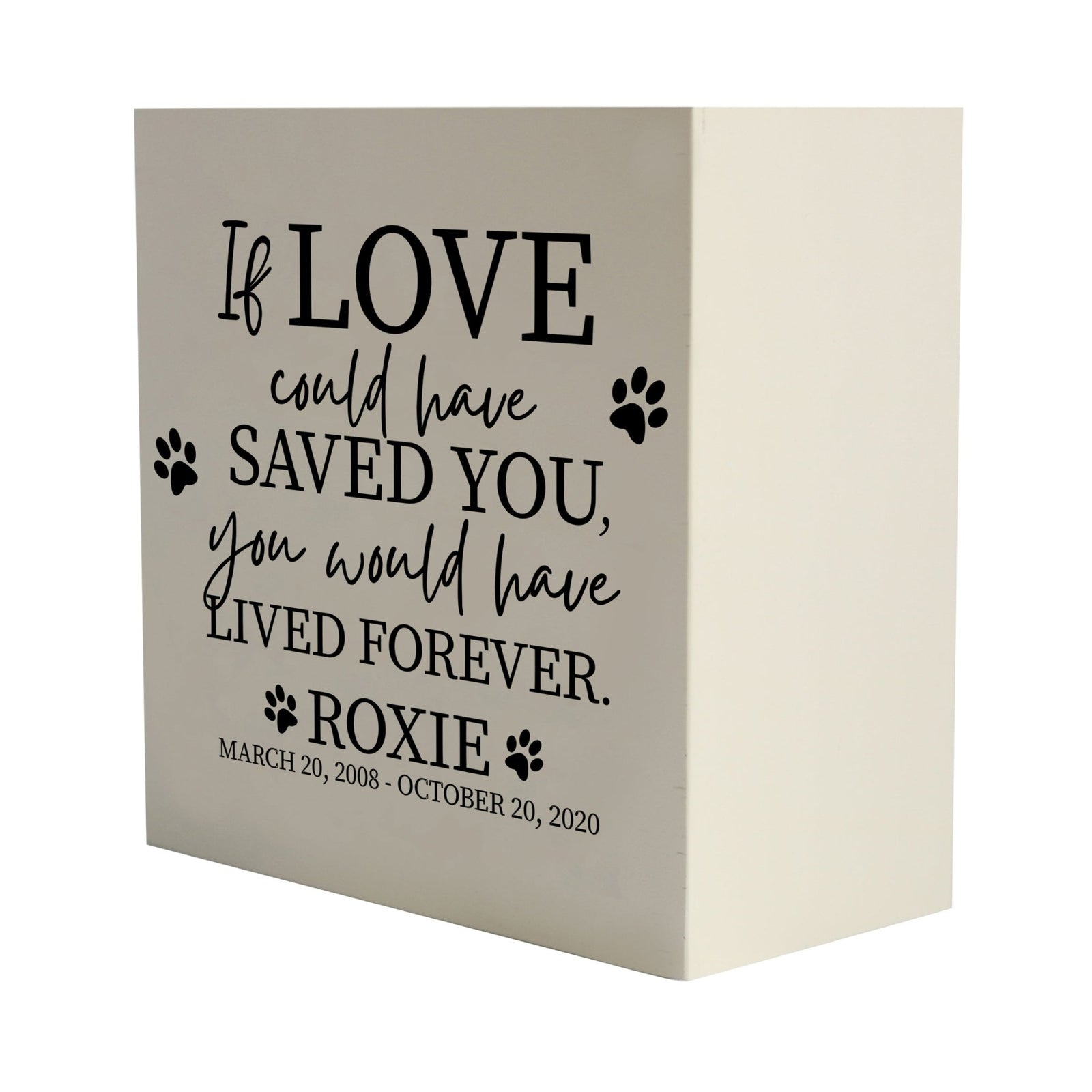 Lifesong Milestones Memorial Shadow Box Urn For Pet Ashes in white, featuring an elegant script with a heartfelt message. A touching tribute to a beloved pet's memory.