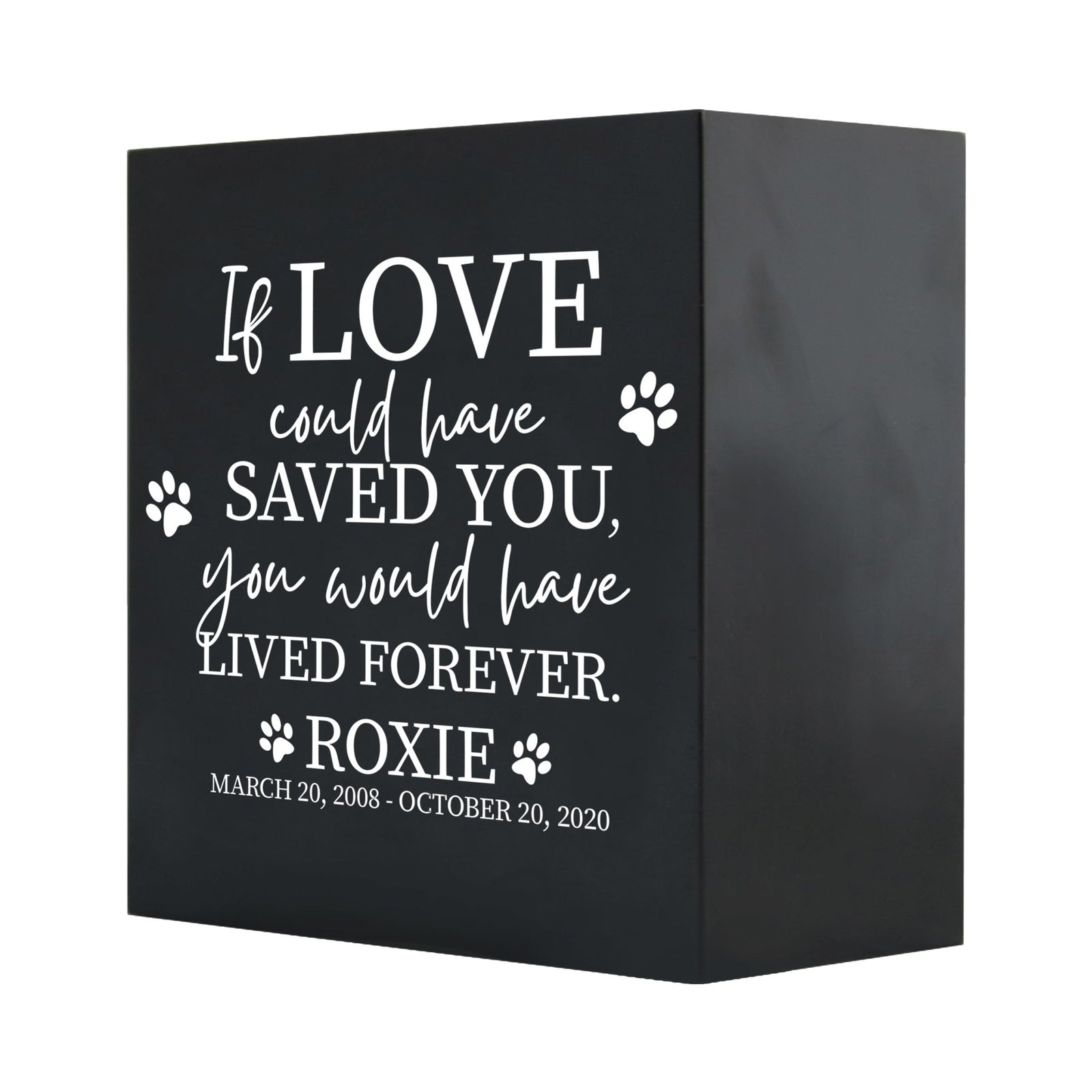 Close-up of a black Lifesong Milestones Memorial Shadow Box Urn For Pet Ashes with a moving inscription about love and loss, designed for displaying keepsakes and honoring a pet’s memory.