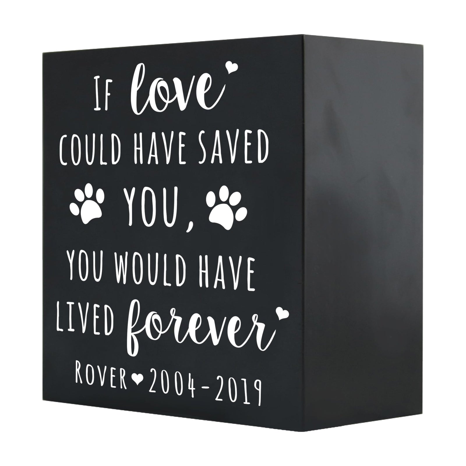 Close-up of a black Lifesong Milestones Memorial Shadow Box Urn For Pet Ashes with a moving inscription about love and loss, designed for displaying keepsakes and honoring a pet’s memory.